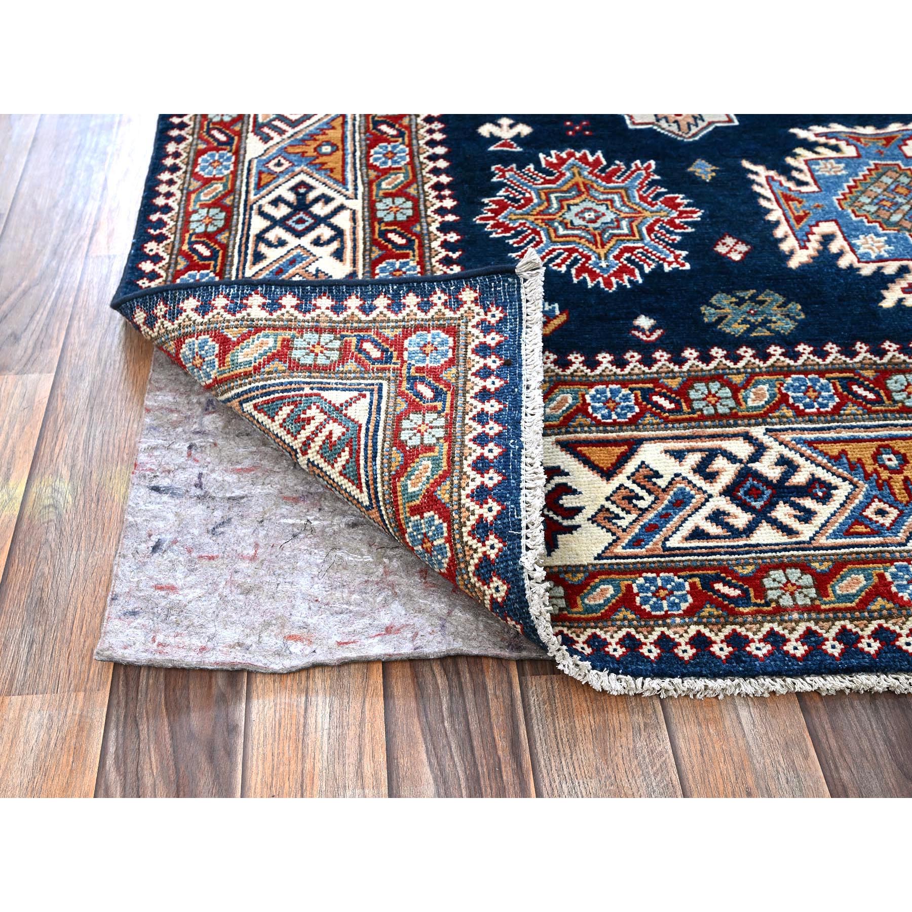 5'6"x9'3" Midnight Blue, Afghan Special Kazak with Tribal Medallions Design, Hand Knotted, Densely Woven, Pure Wool, Vegetable Dyes, Oriental Rug Sh313