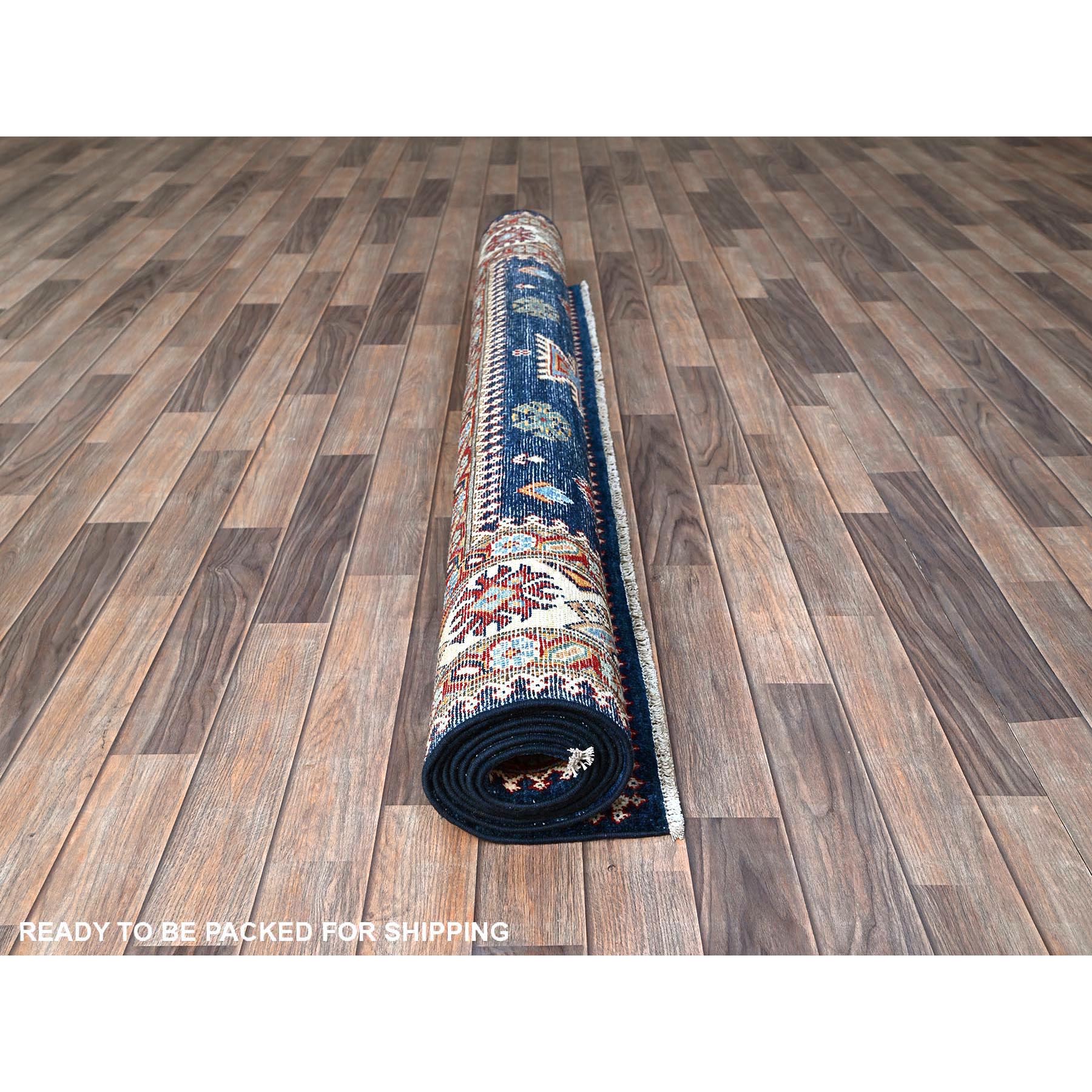 5'6"x9'3" Midnight Blue, Afghan Special Kazak with Tribal Medallions Design, Hand Knotted, Densely Woven, Pure Wool, Vegetable Dyes, Oriental Rug Sh313