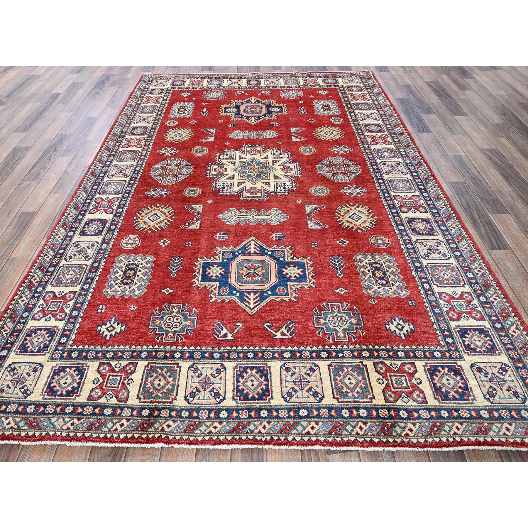 6'x9' Prismatic Red, Afghan Special Kazak with Geometric Medallions Design, Vegetable Dyes, 100% Wool, Hand Knotted, Densely Woven, Oriental Rug Sh314