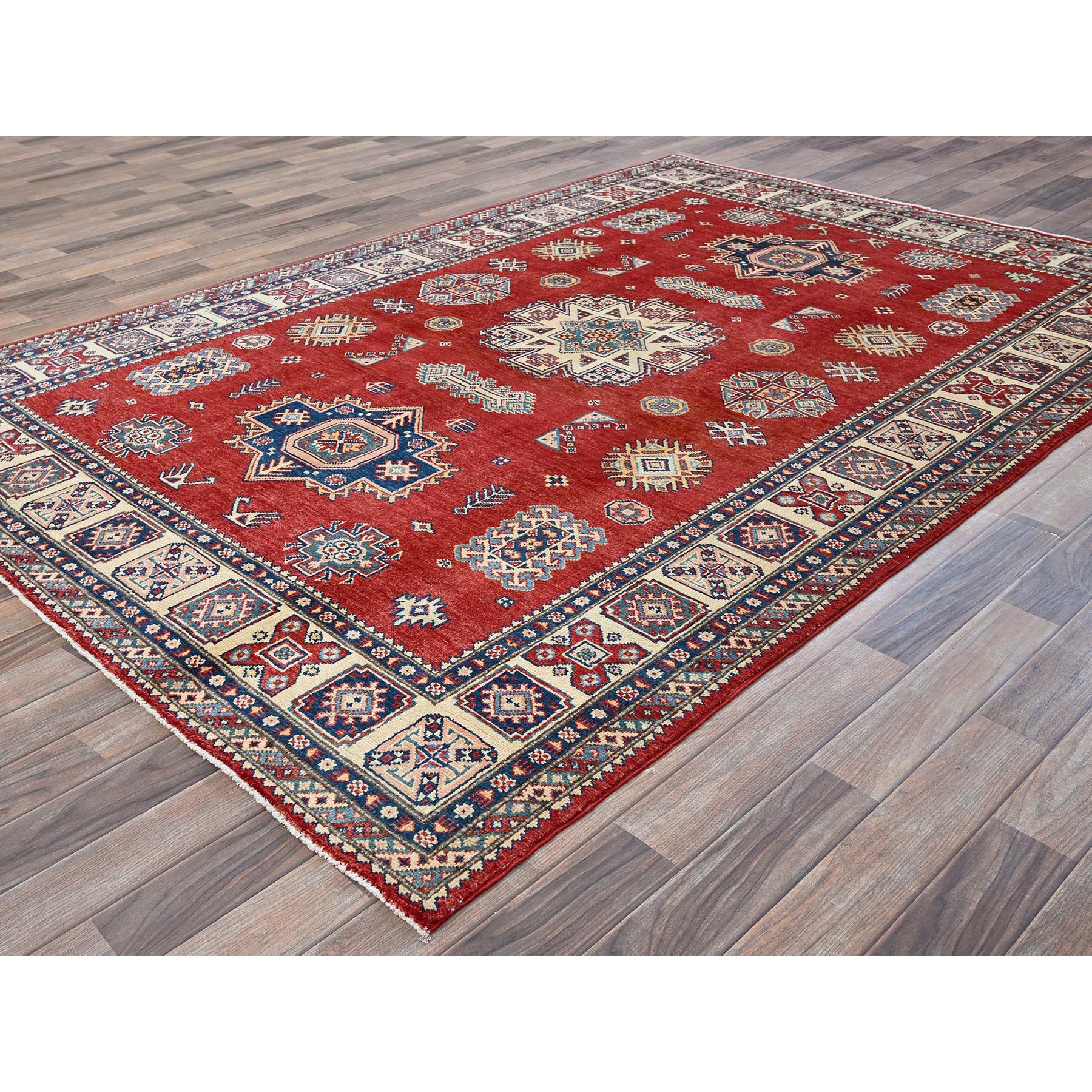 6'x9' Prismatic Red, Afghan Special Kazak with Geometric Medallions Design, Vegetable Dyes, 100% Wool, Hand Knotted, Densely Woven, Oriental Rug Sh314