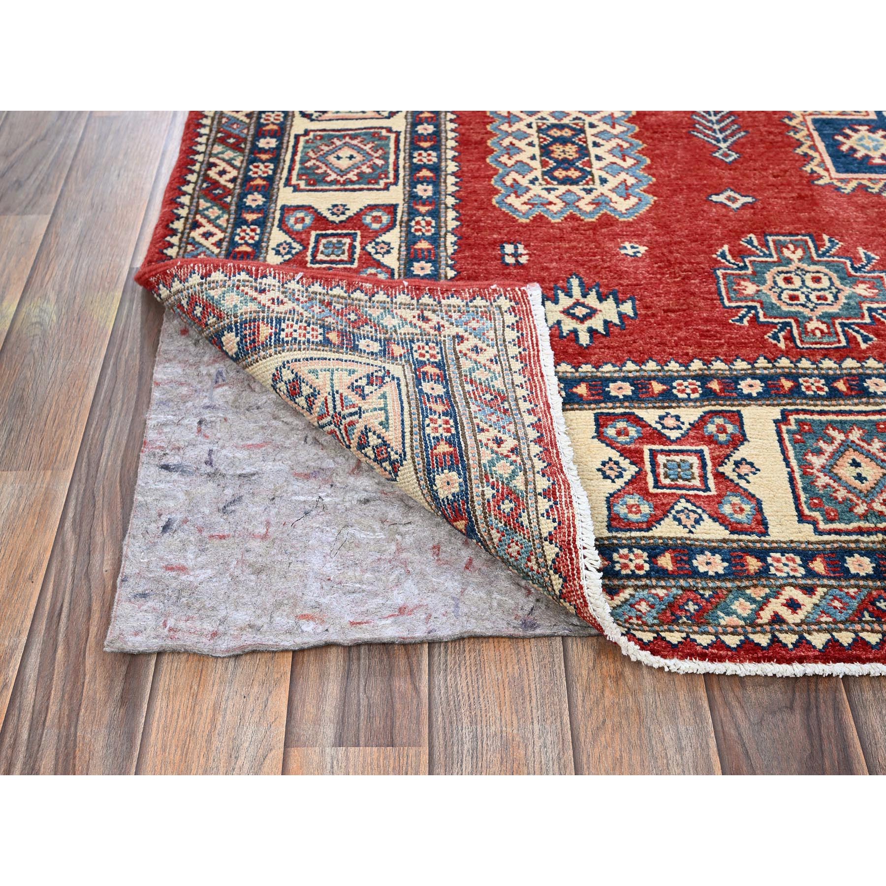 6'x9' Prismatic Red, Afghan Special Kazak with Geometric Medallions Design, Vegetable Dyes, 100% Wool, Hand Knotted, Densely Woven, Oriental Rug Sh314
