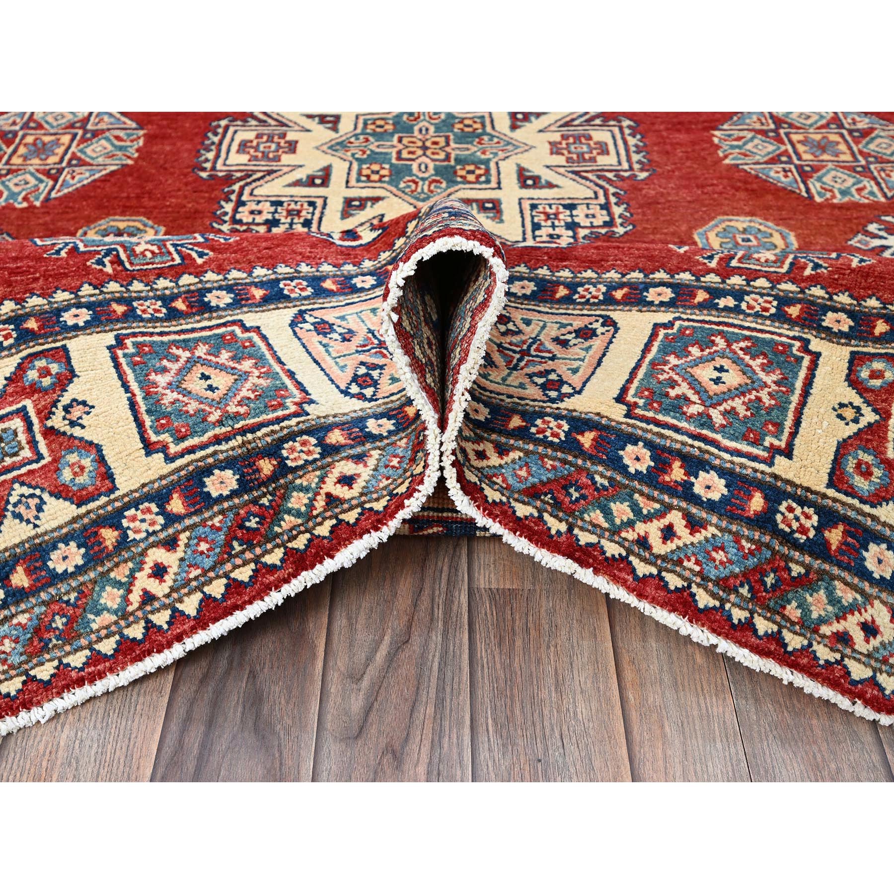 6'x9' Prismatic Red, Afghan Special Kazak with Geometric Medallions Design, Vegetable Dyes, 100% Wool, Hand Knotted, Densely Woven, Oriental Rug Sh314