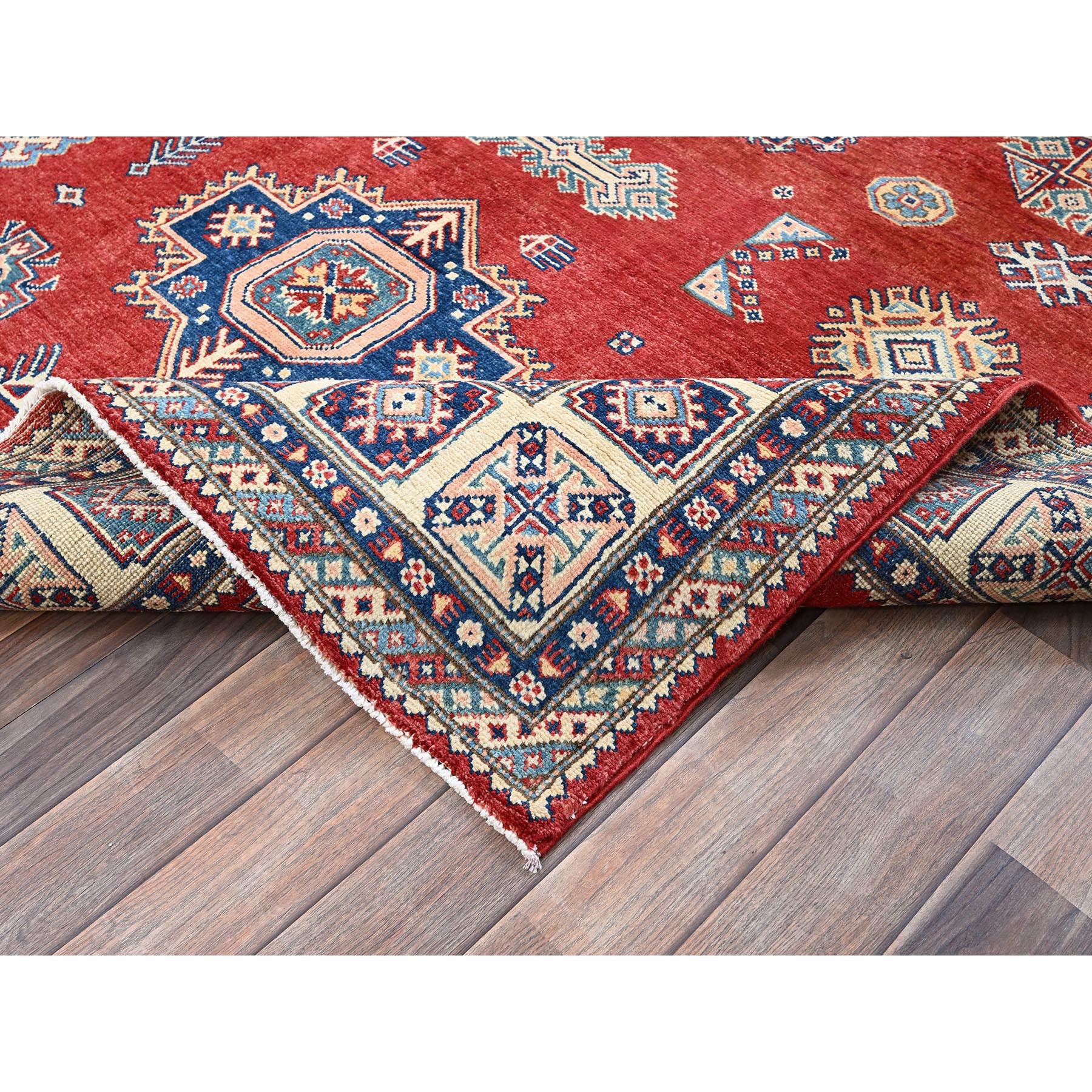 6'x9' Prismatic Red, Afghan Special Kazak with Geometric Medallions Design, Vegetable Dyes, 100% Wool, Hand Knotted, Densely Woven, Oriental Rug Sh314