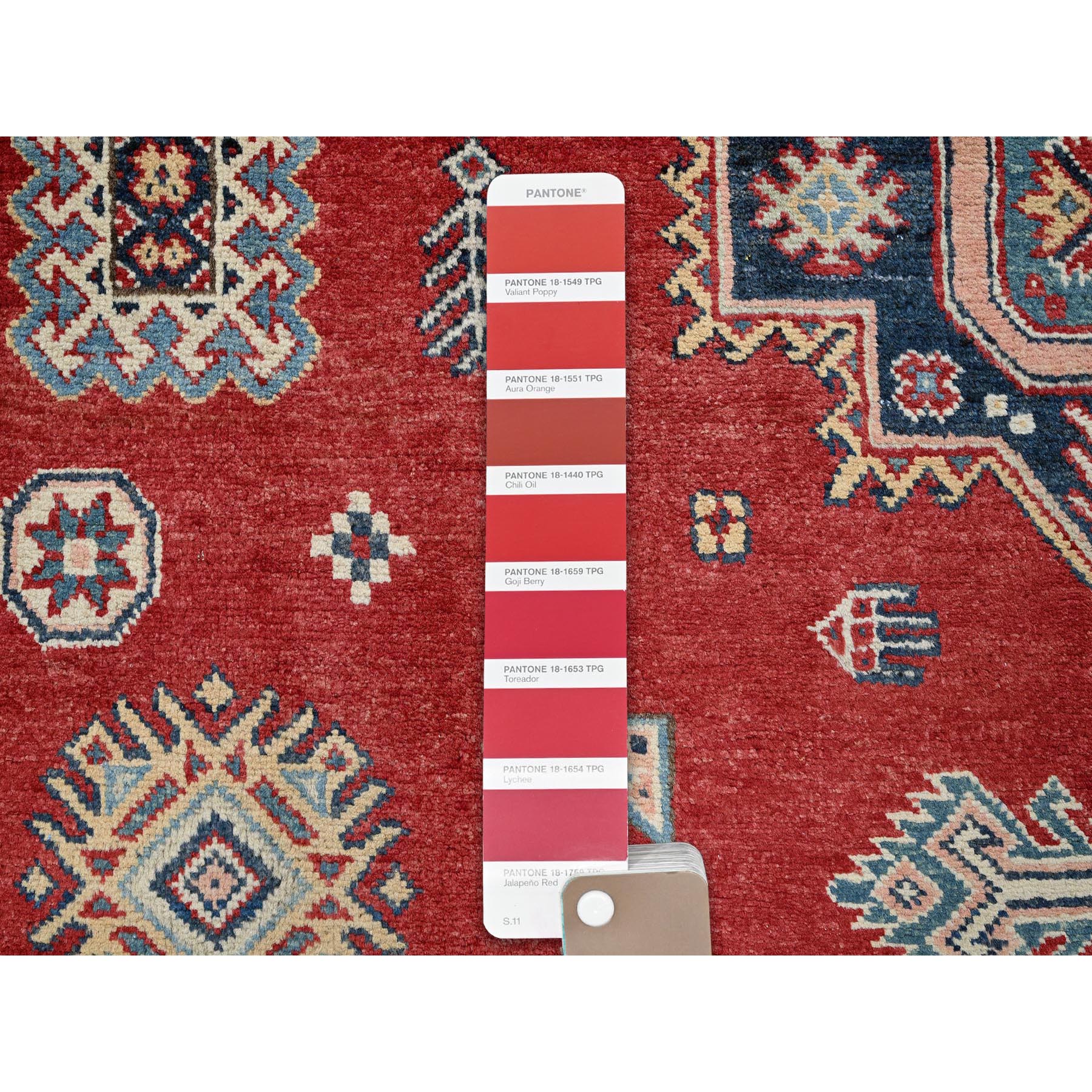 6'x9' Prismatic Red, Afghan Special Kazak with Geometric Medallions Design, Vegetable Dyes, 100% Wool, Hand Knotted, Densely Woven, Oriental Rug Sh314