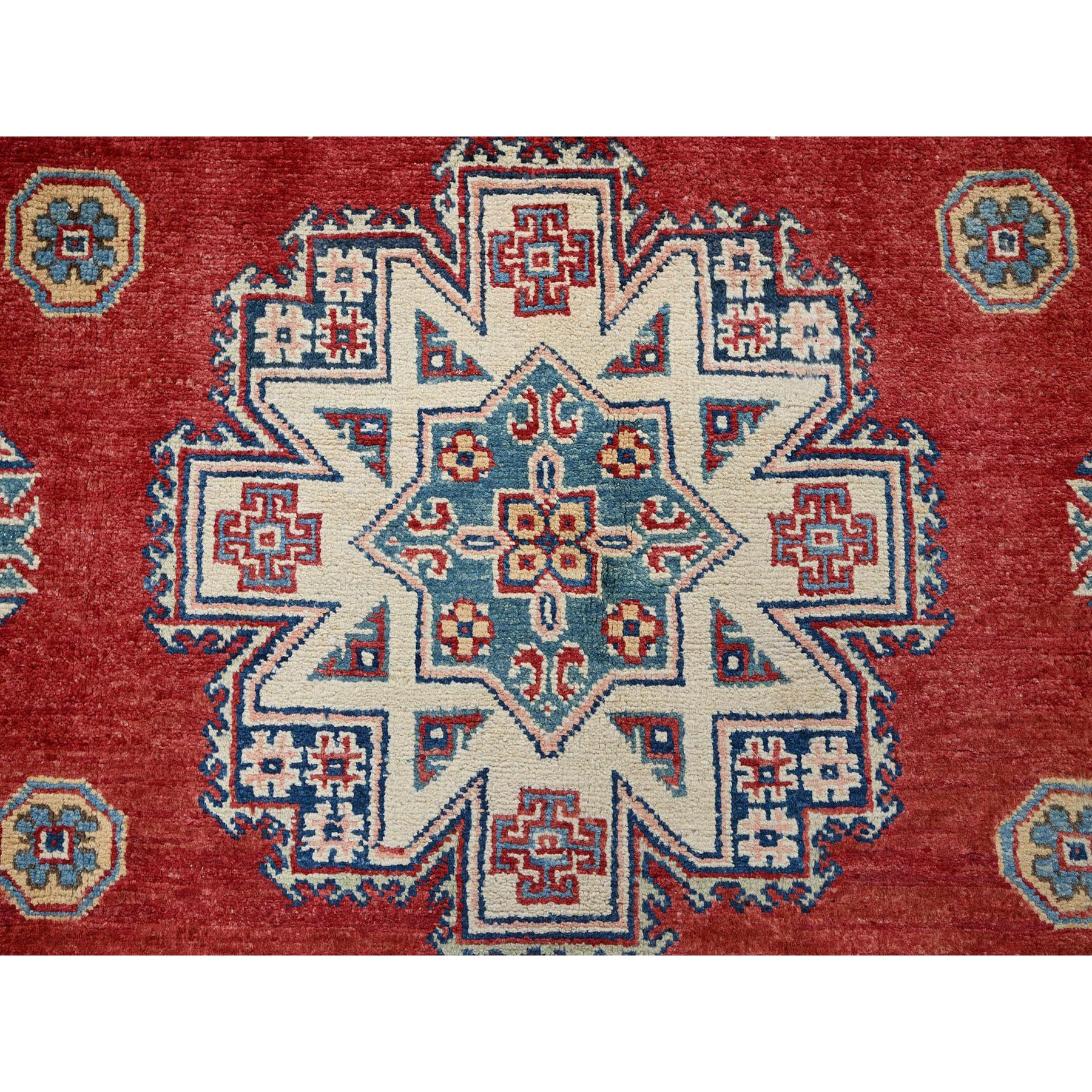 6'x9' Prismatic Red, Afghan Special Kazak with Geometric Medallions Design, Vegetable Dyes, 100% Wool, Hand Knotted, Densely Woven, Oriental Rug Sh314