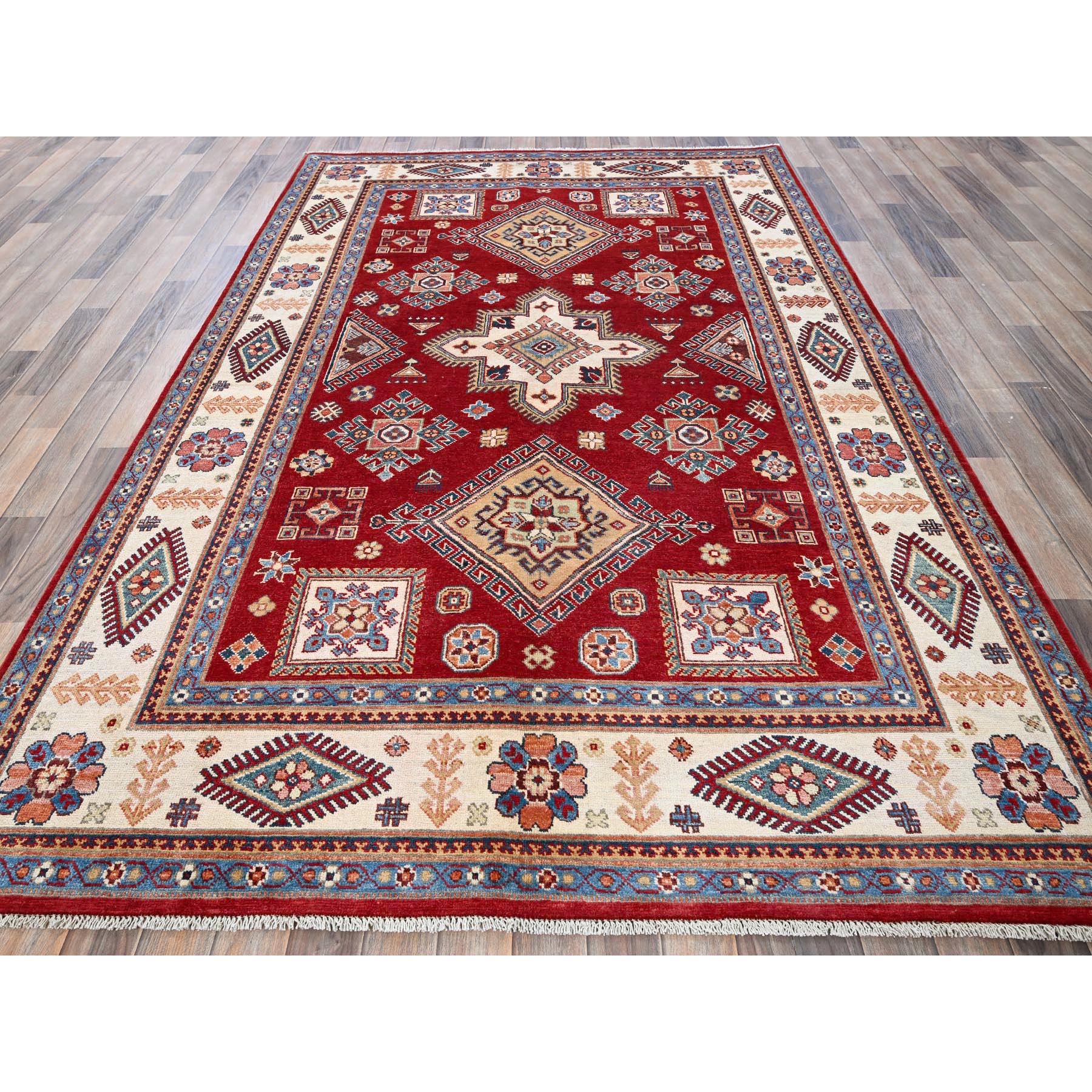 6'x8'10" Crimson Red, Afghan Special Kazak with Geometric Pattern, Hand Knotted, 100% Wool, Densely Woven, Natural Dyes, Oriental Rug Sh315