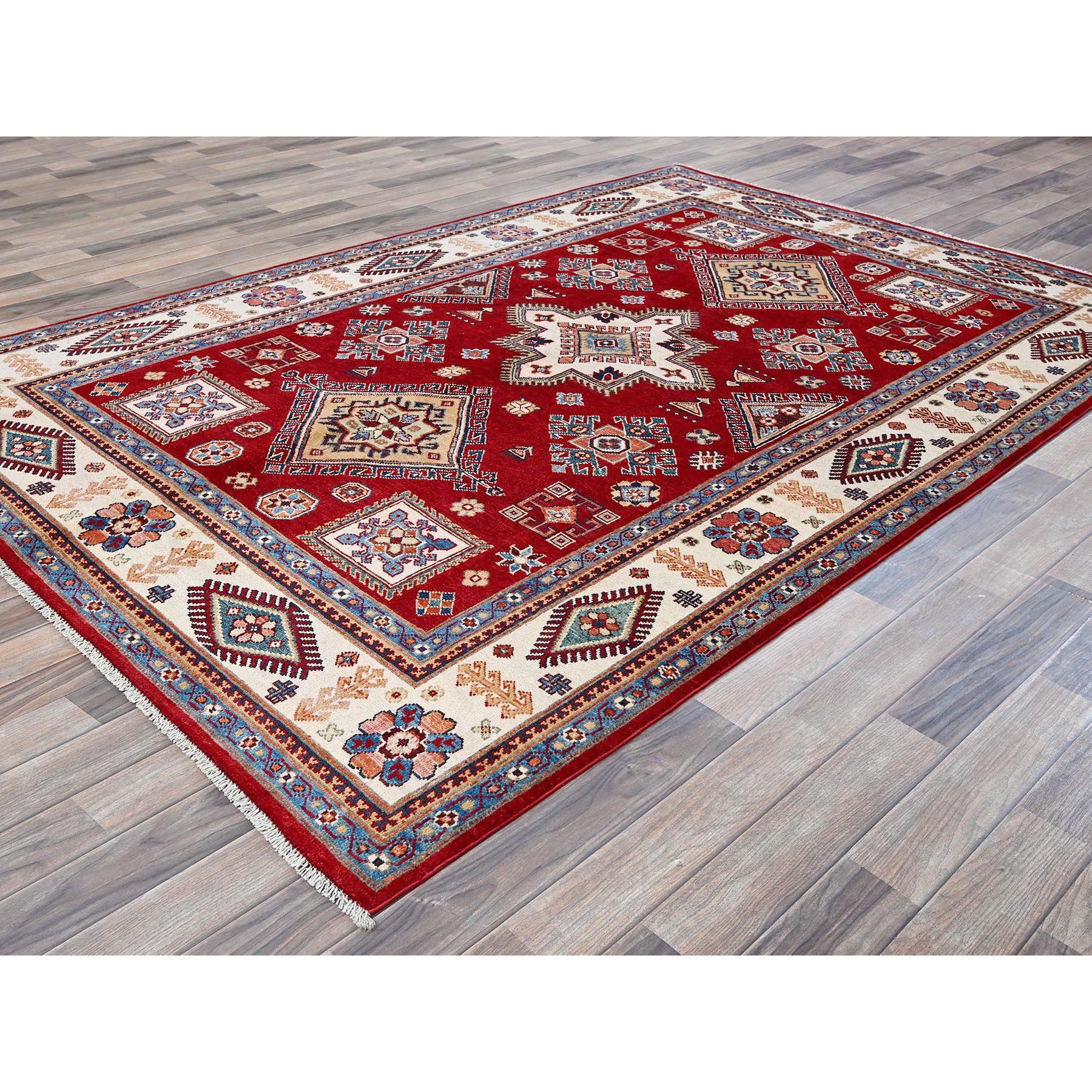 6'x8'10" Crimson Red, Afghan Special Kazak with Geometric Pattern, Hand Knotted, 100% Wool, Densely Woven, Natural Dyes, Oriental Rug Sh315