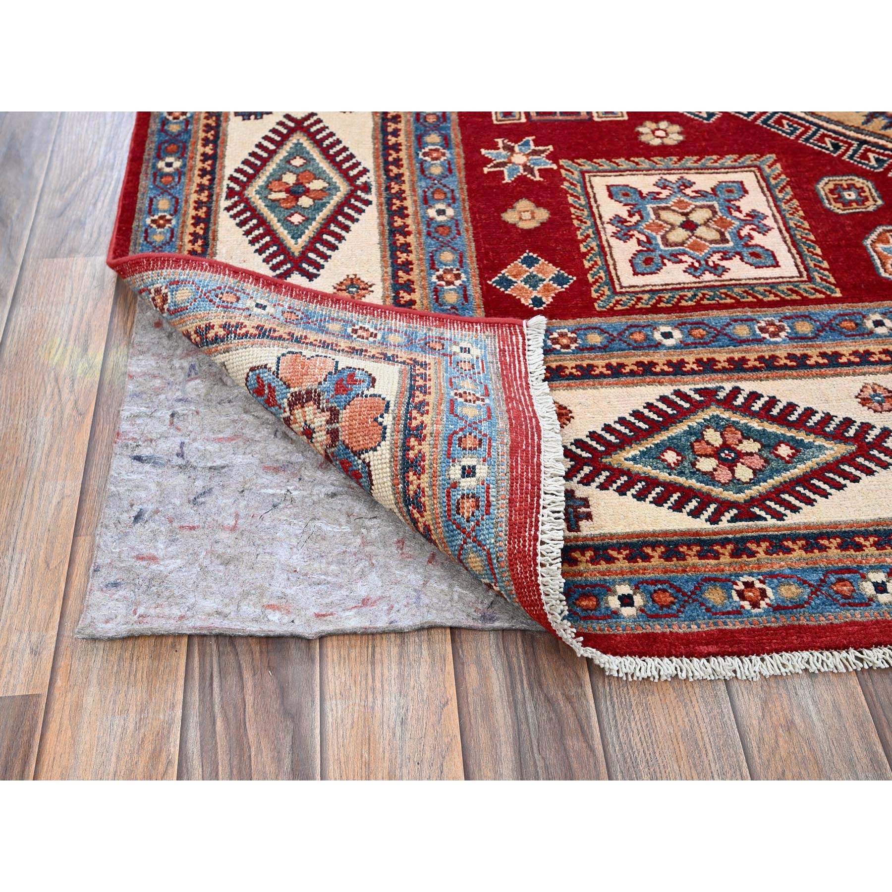 6'x8'10" Crimson Red, Afghan Special Kazak with Geometric Pattern, Hand Knotted, 100% Wool, Densely Woven, Natural Dyes, Oriental Rug Sh315
