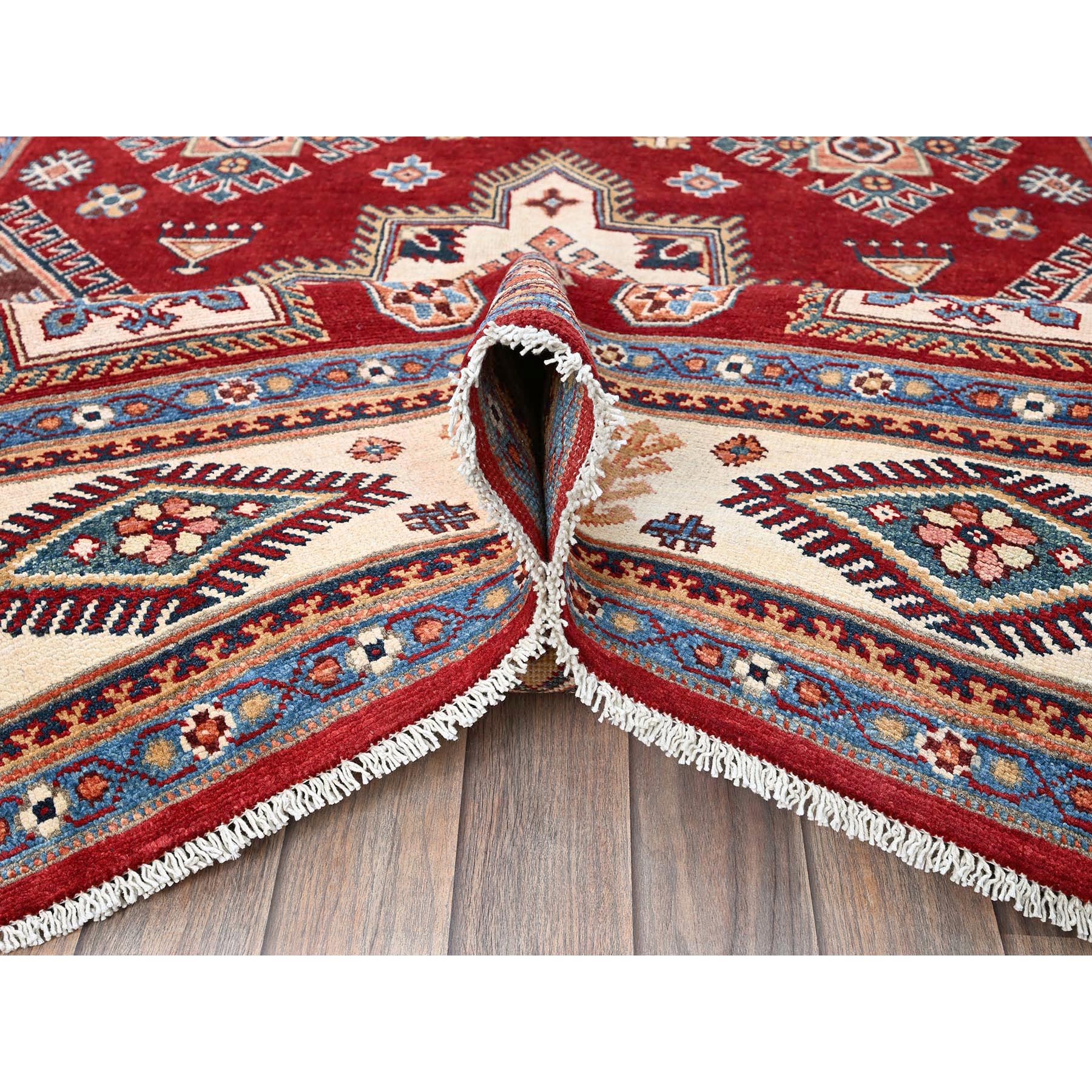 6'x8'10" Crimson Red, Afghan Special Kazak with Geometric Pattern, Hand Knotted, 100% Wool, Densely Woven, Natural Dyes, Oriental Rug Sh315
