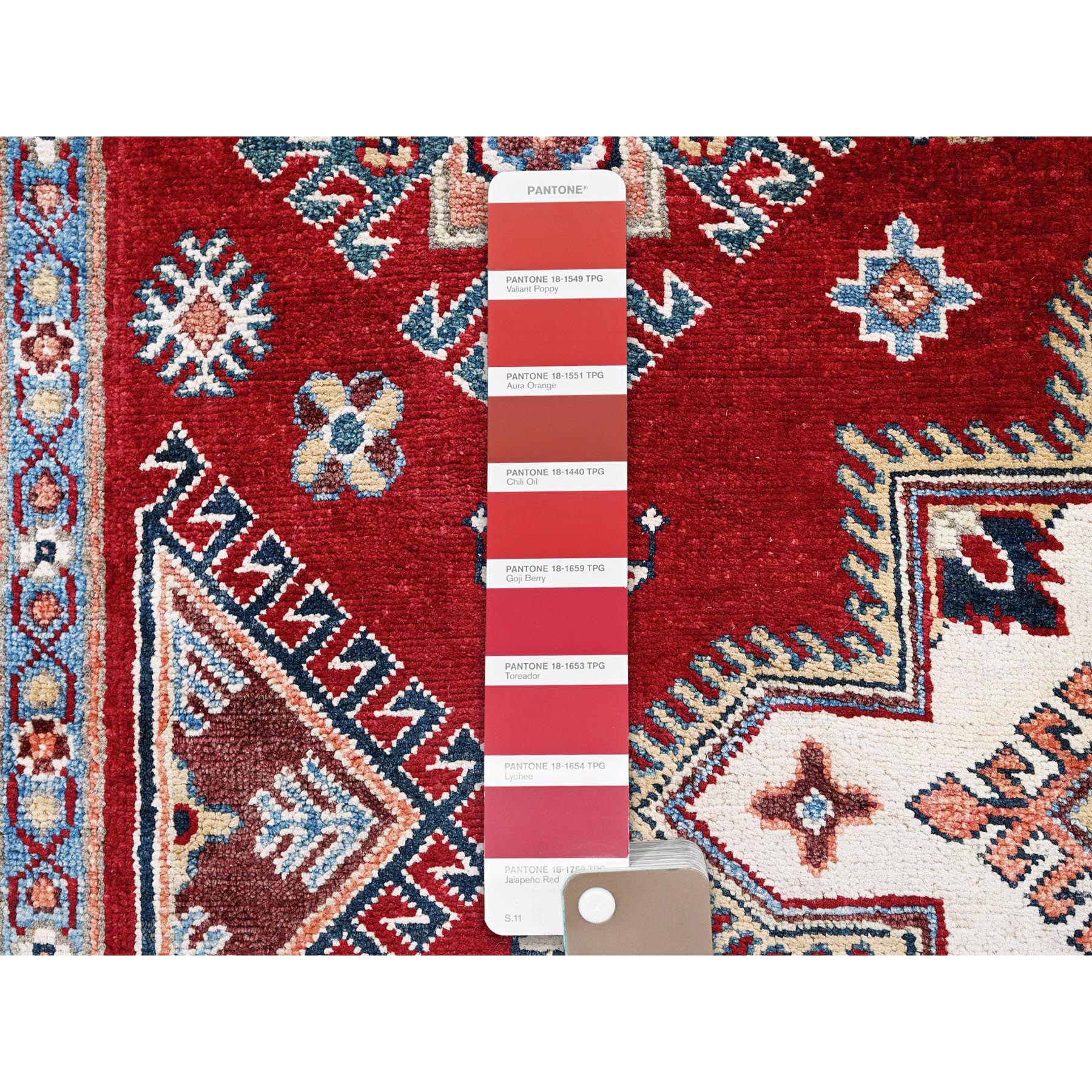 6'x8'10" Crimson Red, Afghan Special Kazak with Geometric Pattern, Hand Knotted, 100% Wool, Densely Woven, Natural Dyes, Oriental Rug Sh315