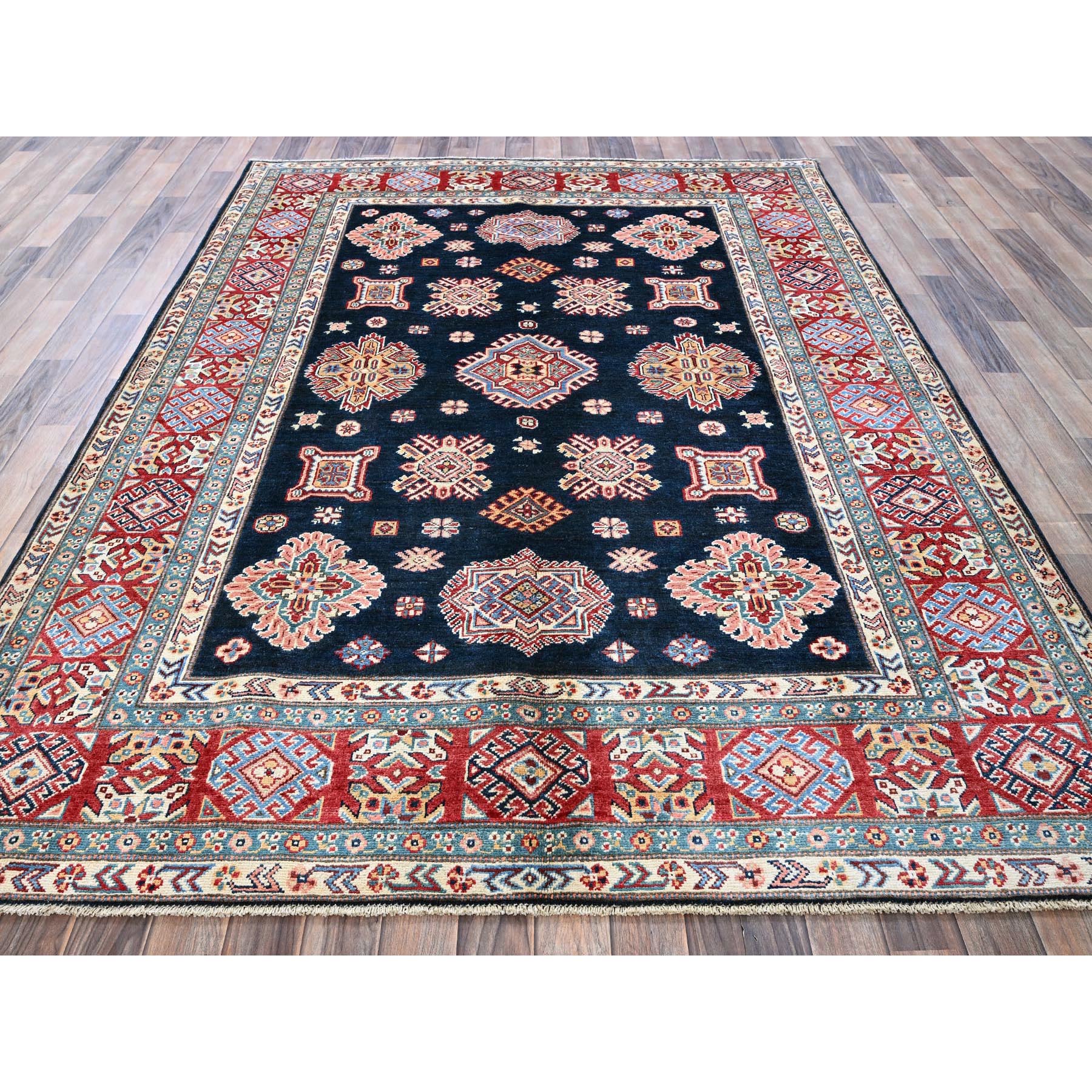 6'2"x8'8" Midnight Blue, Afghan Special Kazak with Geometric Pattern, Densely Woven, Soft and Shiny Wool, Hand Knotted, Vegetable Dyes, Oriental Rug Sh316