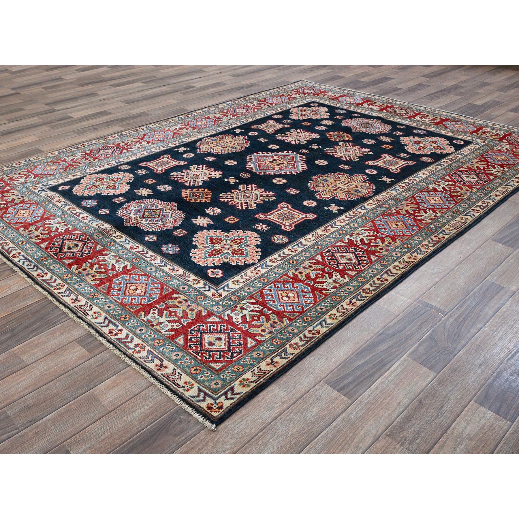 6'2"x8'8" Midnight Blue, Afghan Special Kazak with Geometric Pattern, Densely Woven, Soft and Shiny Wool, Hand Knotted, Vegetable Dyes, Oriental Rug Sh316