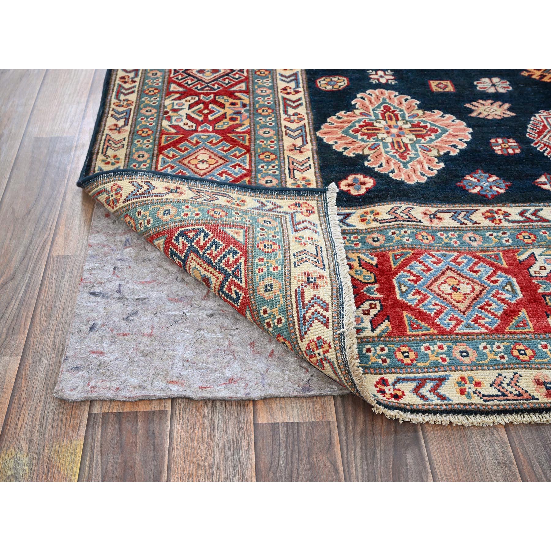 6'2"x8'8" Midnight Blue, Afghan Special Kazak with Geometric Pattern, Densely Woven, Soft and Shiny Wool, Hand Knotted, Vegetable Dyes, Oriental Rug Sh316