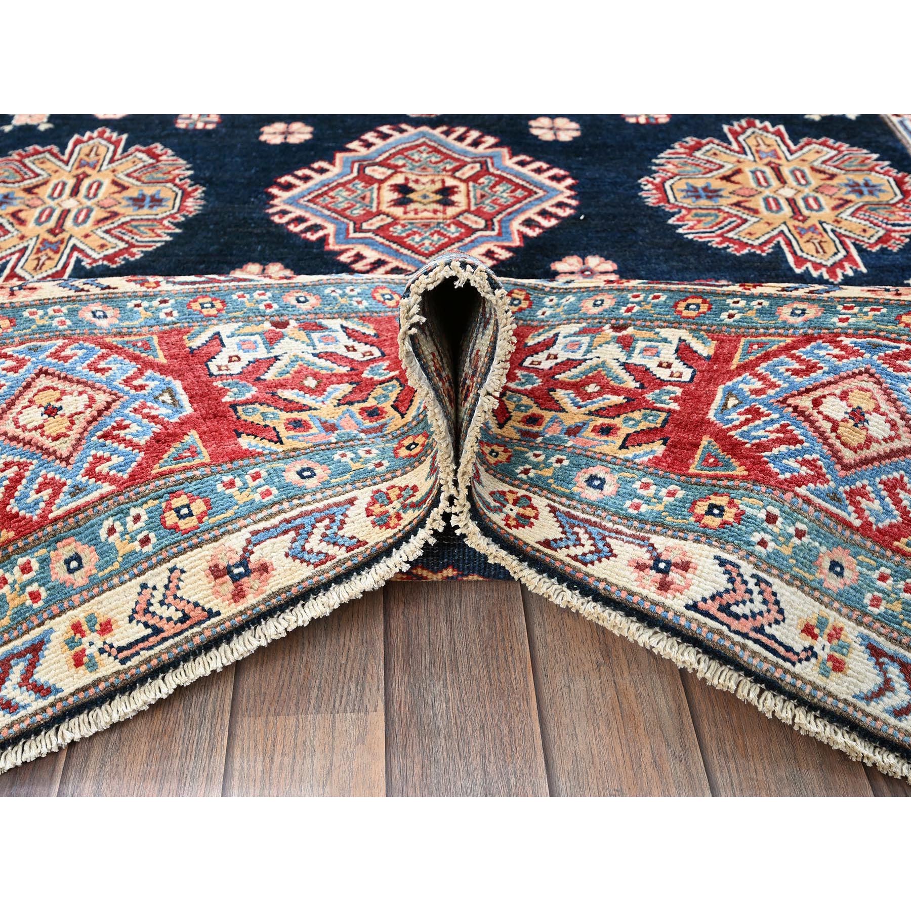 6'2"x8'8" Midnight Blue, Afghan Special Kazak with Geometric Pattern, Densely Woven, Soft and Shiny Wool, Hand Knotted, Vegetable Dyes, Oriental Rug Sh316