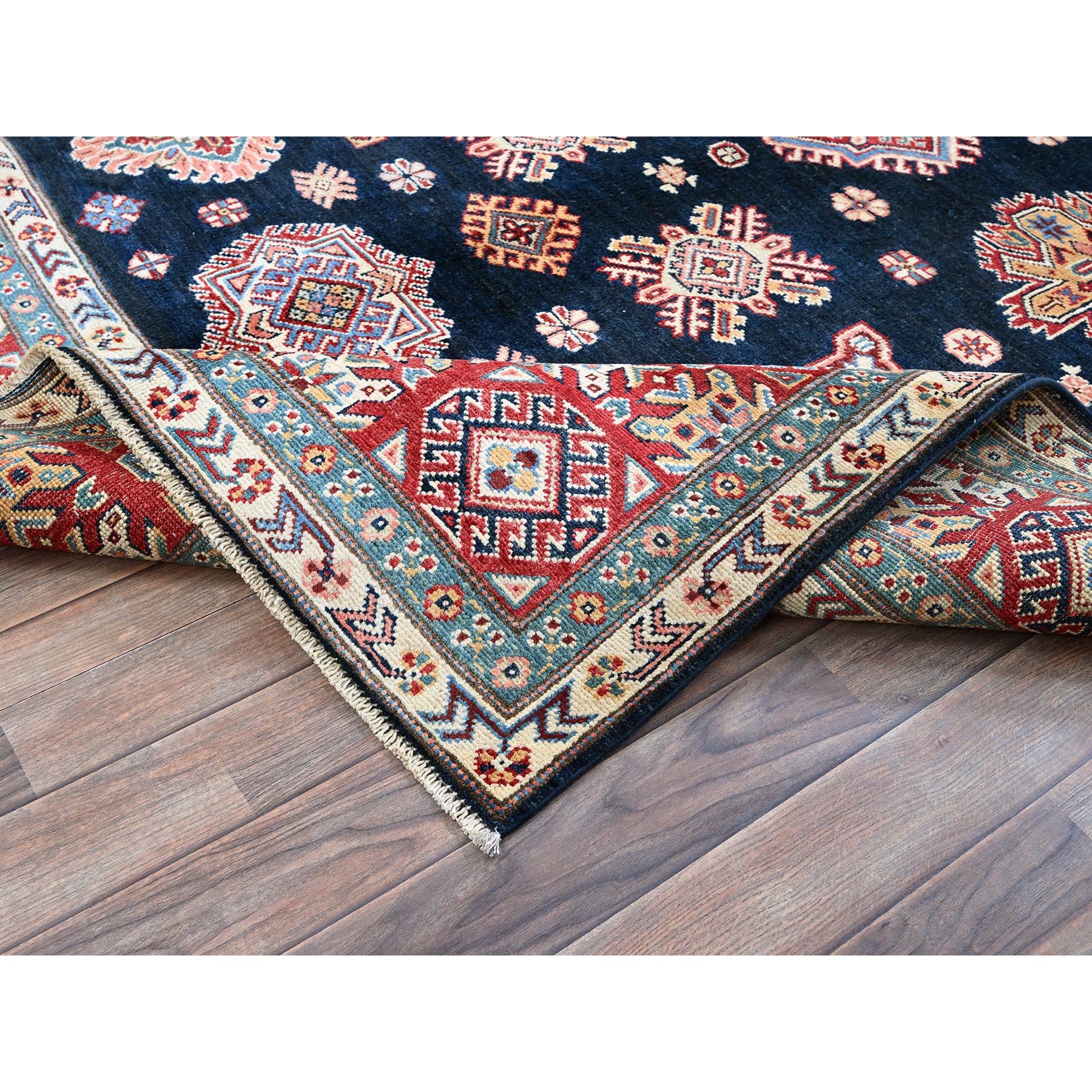 6'2"x8'8" Midnight Blue, Afghan Special Kazak with Geometric Pattern, Densely Woven, Soft and Shiny Wool, Hand Knotted, Vegetable Dyes, Oriental Rug Sh316