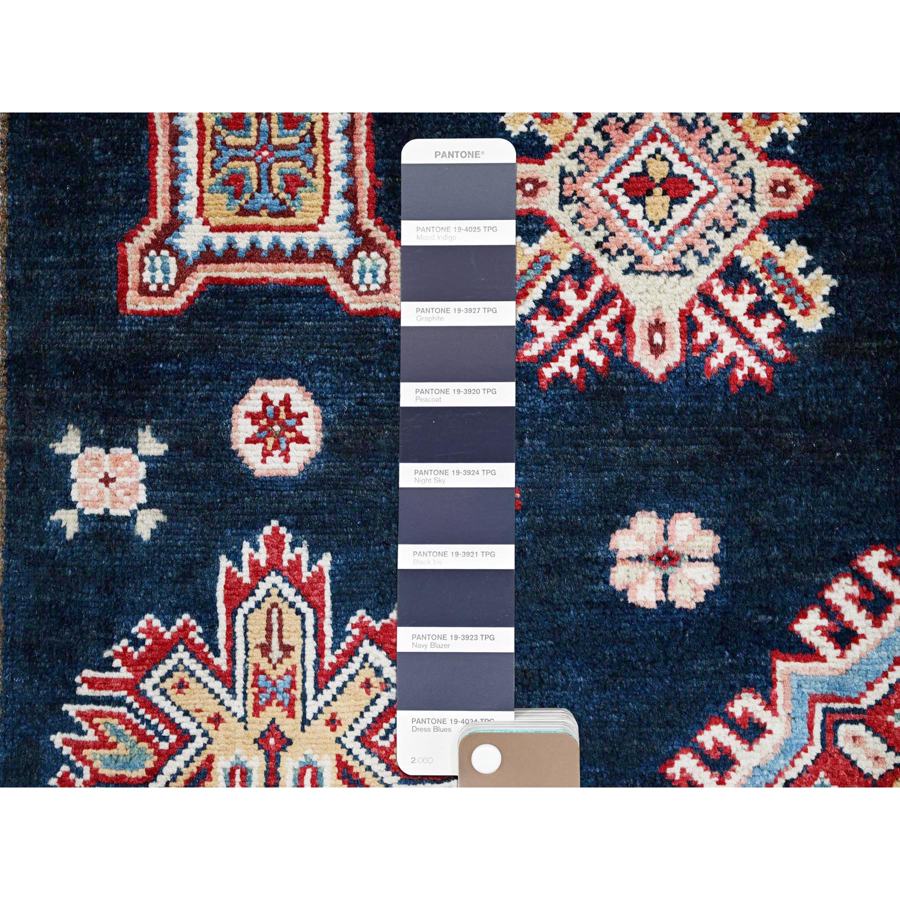 6'2"x8'8" Midnight Blue, Afghan Special Kazak with Geometric Pattern, Densely Woven, Soft and Shiny Wool, Hand Knotted, Vegetable Dyes, Oriental Rug Sh316