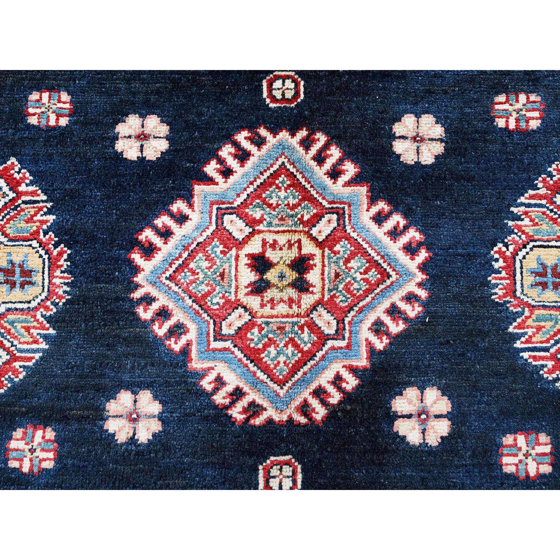 6'2"x8'8" Midnight Blue, Afghan Special Kazak with Geometric Pattern, Densely Woven, Soft and Shiny Wool, Hand Knotted, Vegetable Dyes, Oriental Rug Sh316