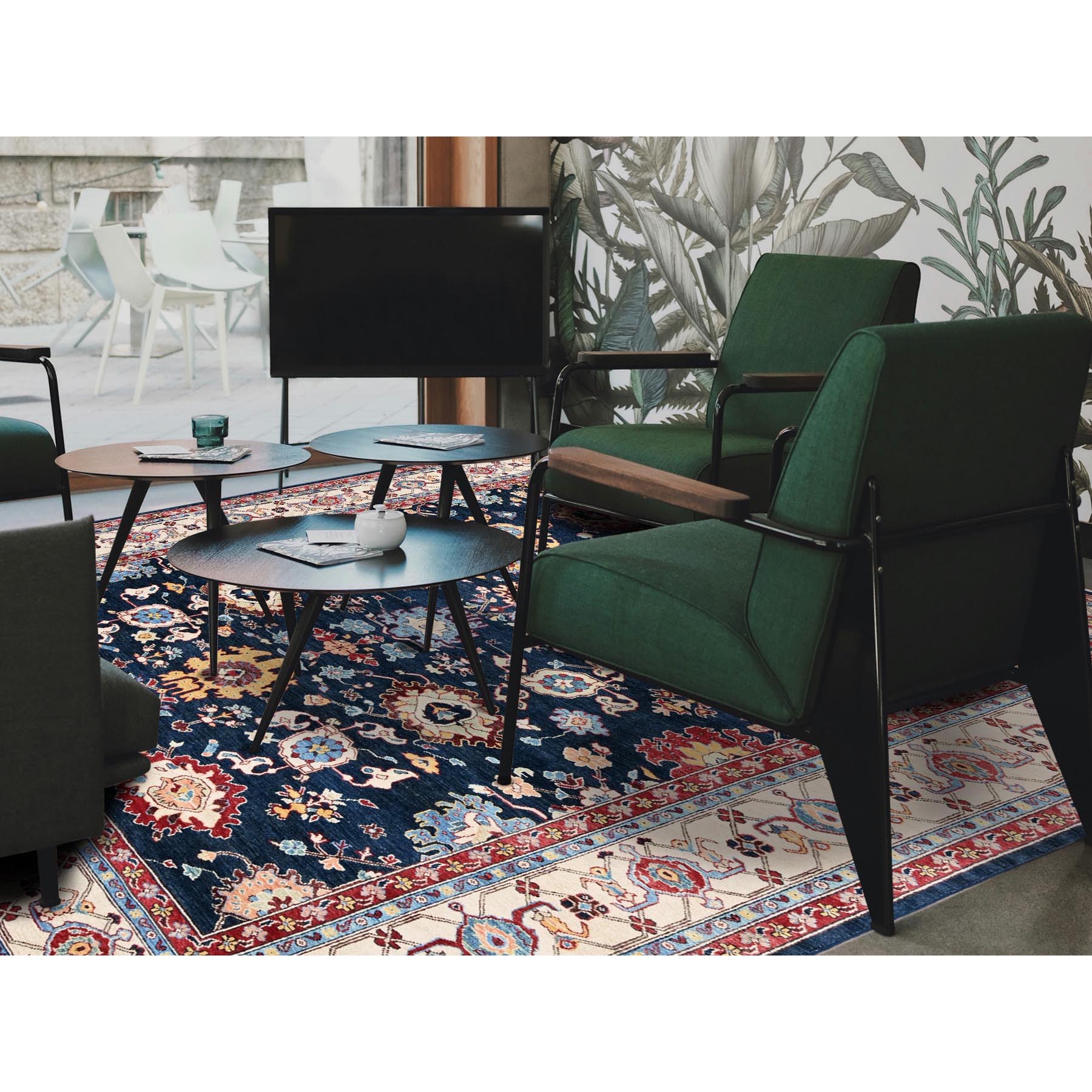 9'x11'7" Midnight Blue, Afghan Peshawar with Heriz All Over Design, Hand Knotted, Soft 100% Wool, Densely Woven, Oriental Rug Sh317