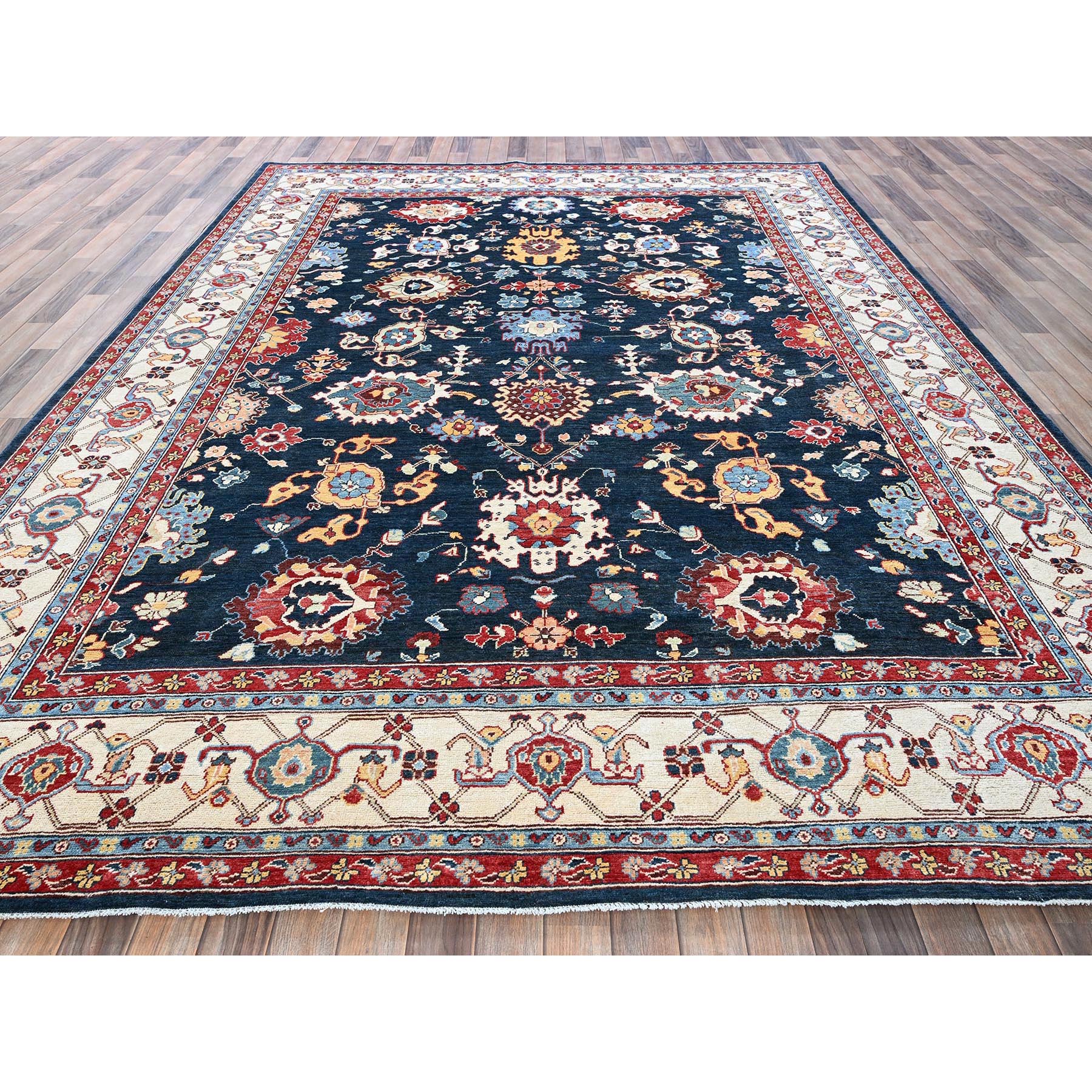 9'x11'7" Midnight Blue, Afghan Peshawar with Heriz All Over Design, Hand Knotted, Soft 100% Wool, Densely Woven, Oriental Rug Sh317