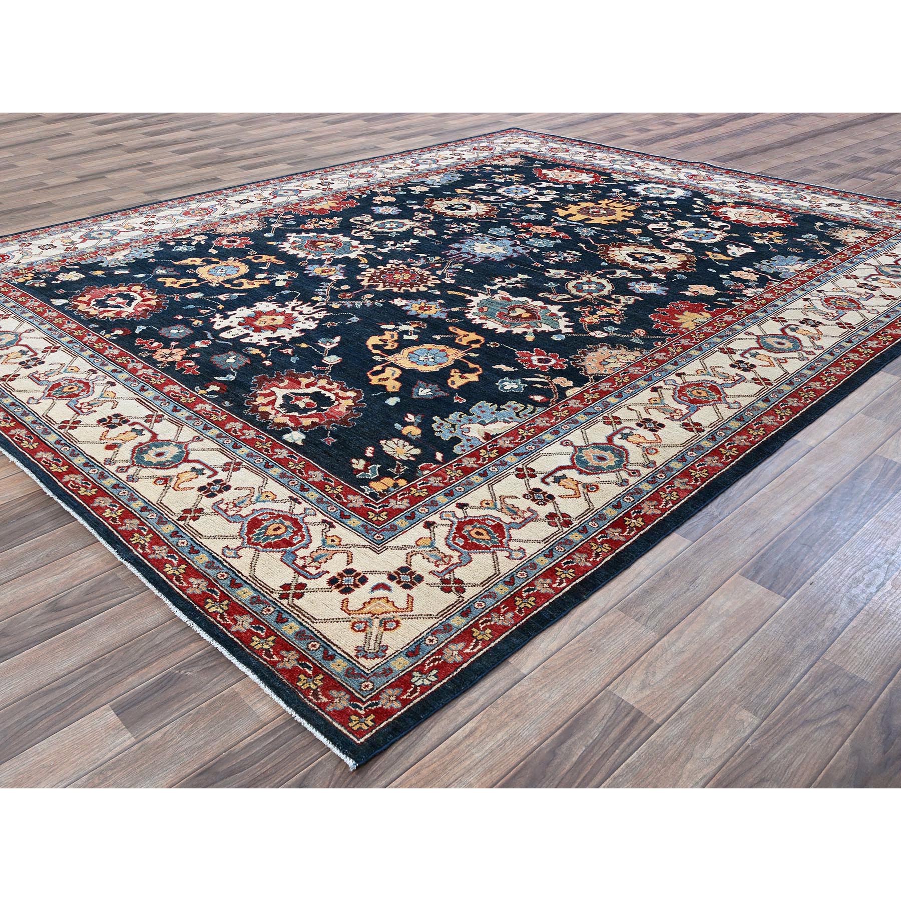 9'x11'7" Midnight Blue, Afghan Peshawar with Heriz All Over Design, Hand Knotted, Soft 100% Wool, Densely Woven, Oriental Rug Sh317