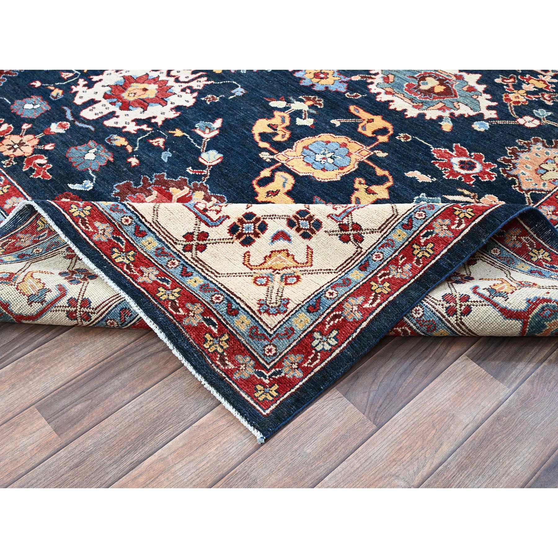 9'x11'7" Midnight Blue, Afghan Peshawar with Heriz All Over Design, Hand Knotted, Soft 100% Wool, Densely Woven, Oriental Rug Sh317