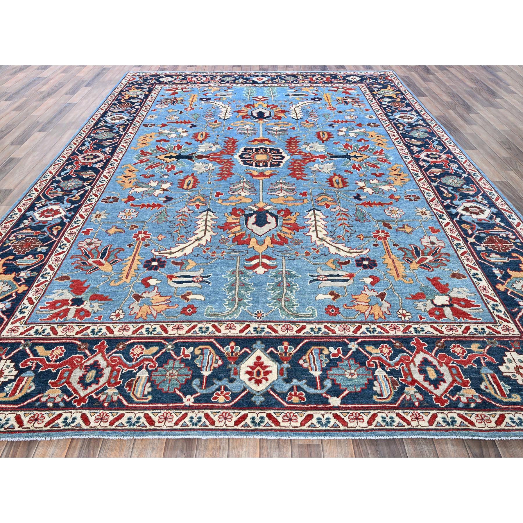 9'2"x11'8" Maya Blue, Afghan Peshawar with Heriz All Over Design, Pure Wool, Densely Woven, Hand Knotted, Oriental Rug Sh318