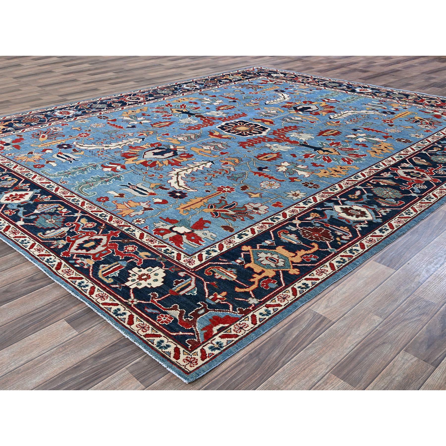 9'2"x11'8" Maya Blue, Afghan Peshawar with Heriz All Over Design, Pure Wool, Densely Woven, Hand Knotted, Oriental Rug Sh318
