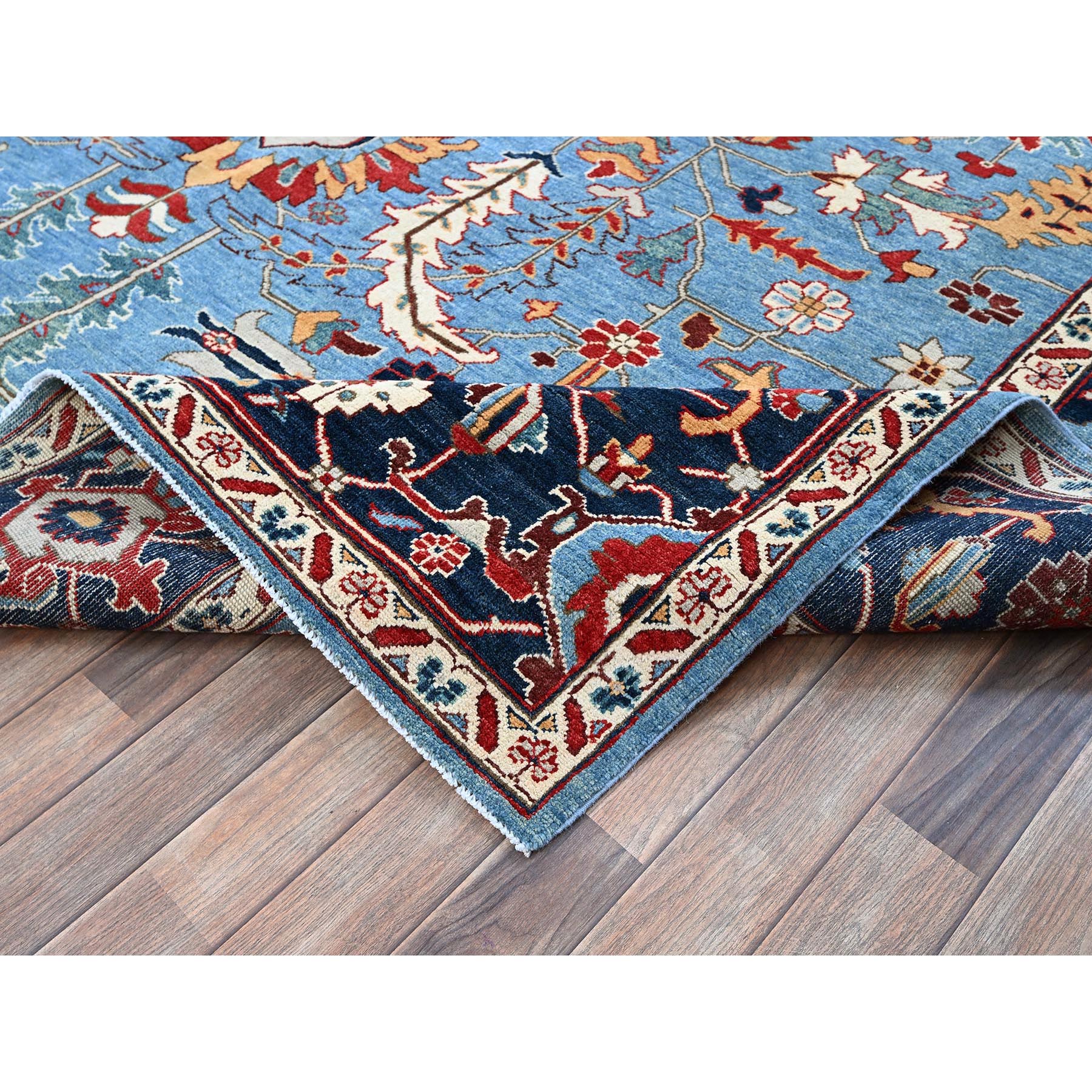 9'2"x11'8" Maya Blue, Afghan Peshawar with Heriz All Over Design, Pure Wool, Densely Woven, Hand Knotted, Oriental Rug Sh318