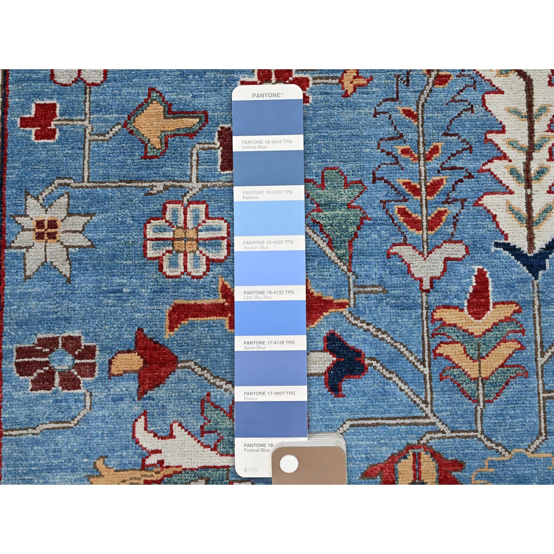 9'2"x11'8" Maya Blue, Afghan Peshawar with Heriz All Over Design, Pure Wool, Densely Woven, Hand Knotted, Oriental Rug Sh318