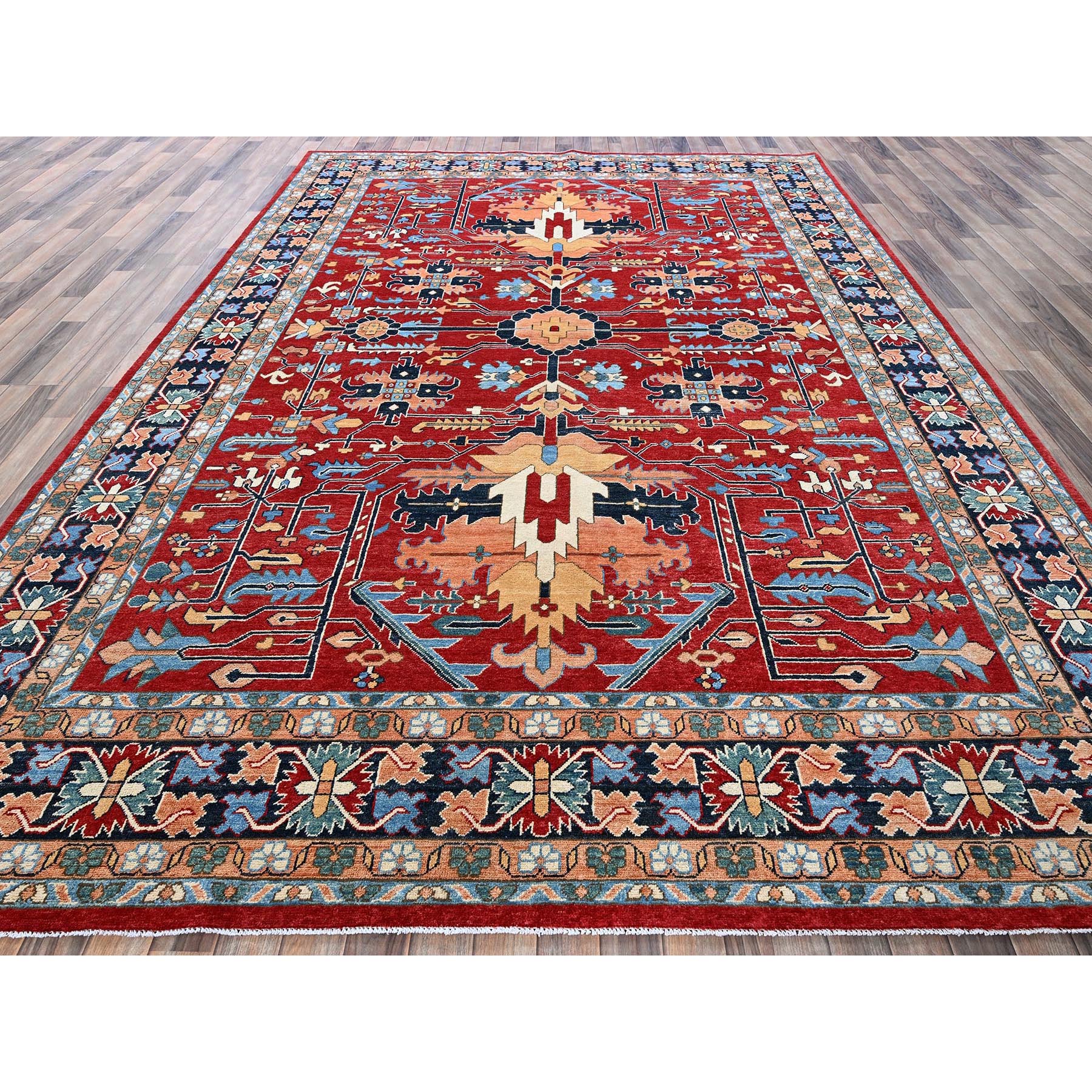 8'10"x12' Crimson Red, Afghan Peshawar with Serapi Heriz All Over Arrow Design, Hand Knotted, 100% Wool, Soft Pile, Densely Woven, Oriental Rug Sh319