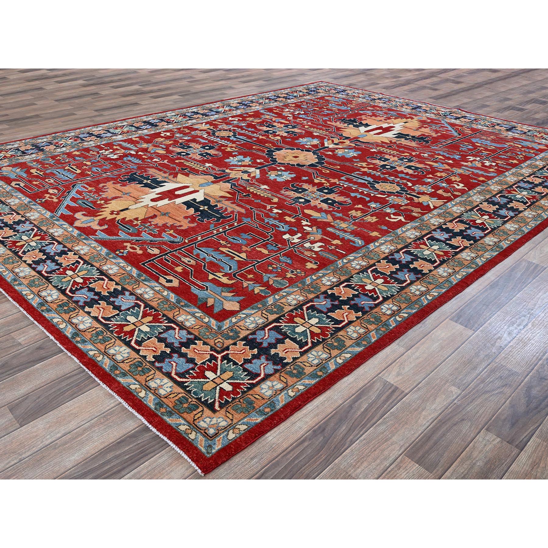 8'10"x12' Crimson Red, Afghan Peshawar with Serapi Heriz All Over Arrow Design, Hand Knotted, 100% Wool, Soft Pile, Densely Woven, Oriental Rug Sh319