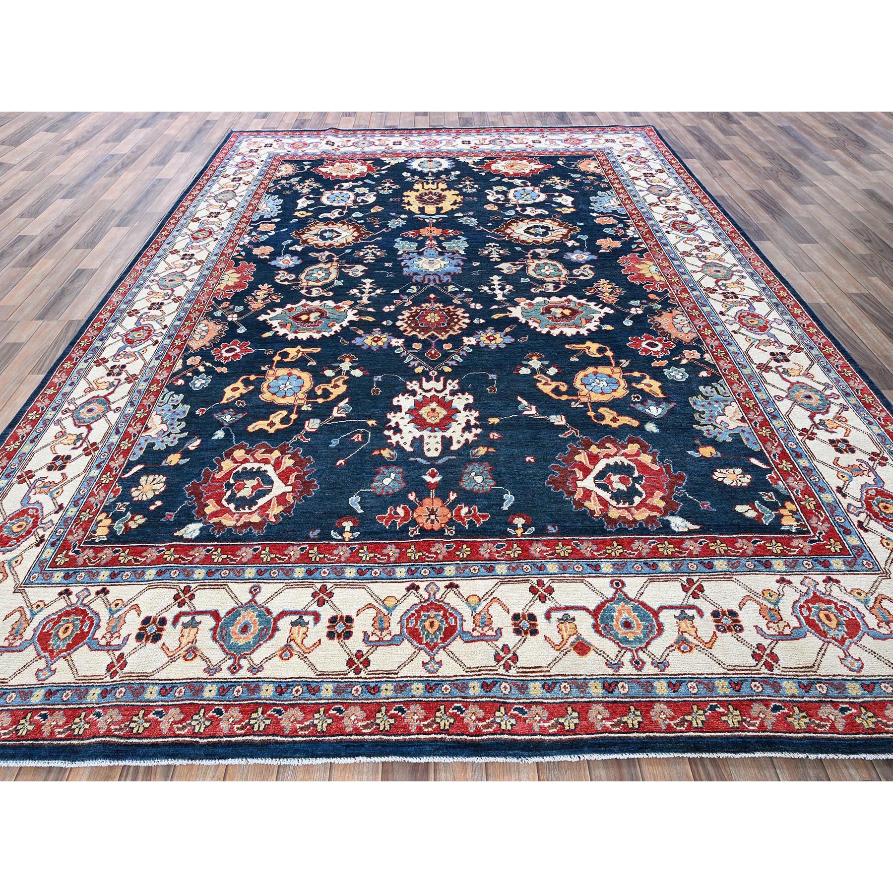 8'10"x11'9" Navy Blue, Afghan Peshawar with Heriz All Over Design, Soft 100% Wool, Hand Knotted, Densely Woven, Oriental Rug Sh320