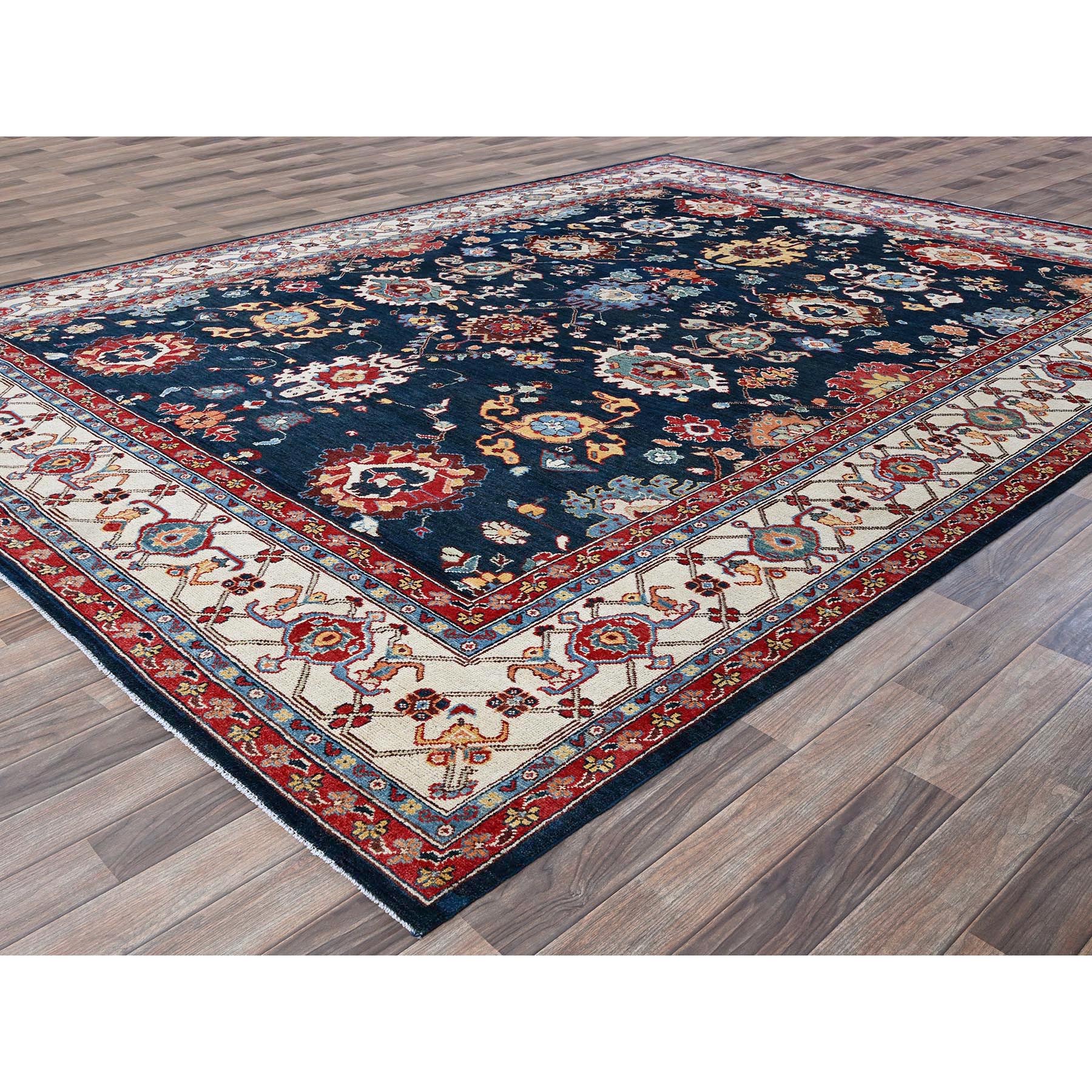 8'10"x11'9" Navy Blue, Afghan Peshawar with Heriz All Over Design, Soft 100% Wool, Hand Knotted, Densely Woven, Oriental Rug Sh320