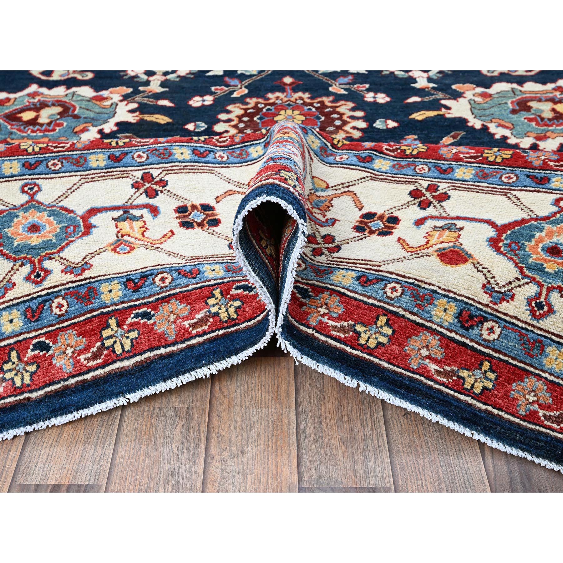 8'10"x11'9" Navy Blue, Afghan Peshawar with Heriz All Over Design, Soft 100% Wool, Hand Knotted, Densely Woven, Oriental Rug Sh320