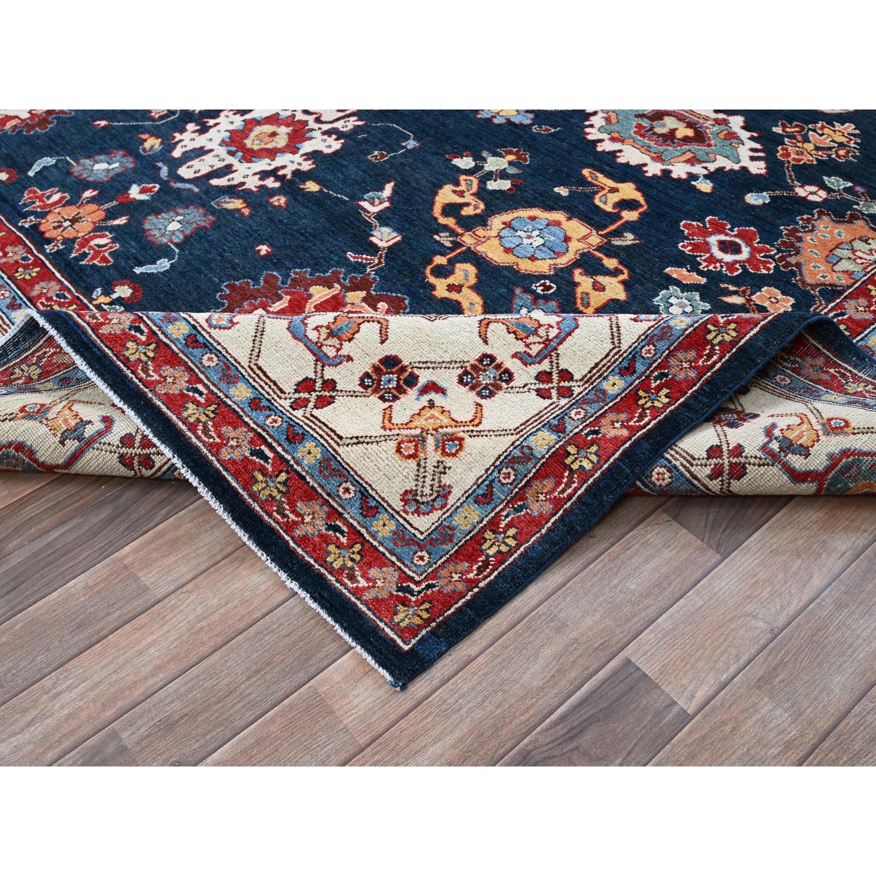 8'10"x11'9" Navy Blue, Afghan Peshawar with Heriz All Over Design, Soft 100% Wool, Hand Knotted, Densely Woven, Oriental Rug Sh320