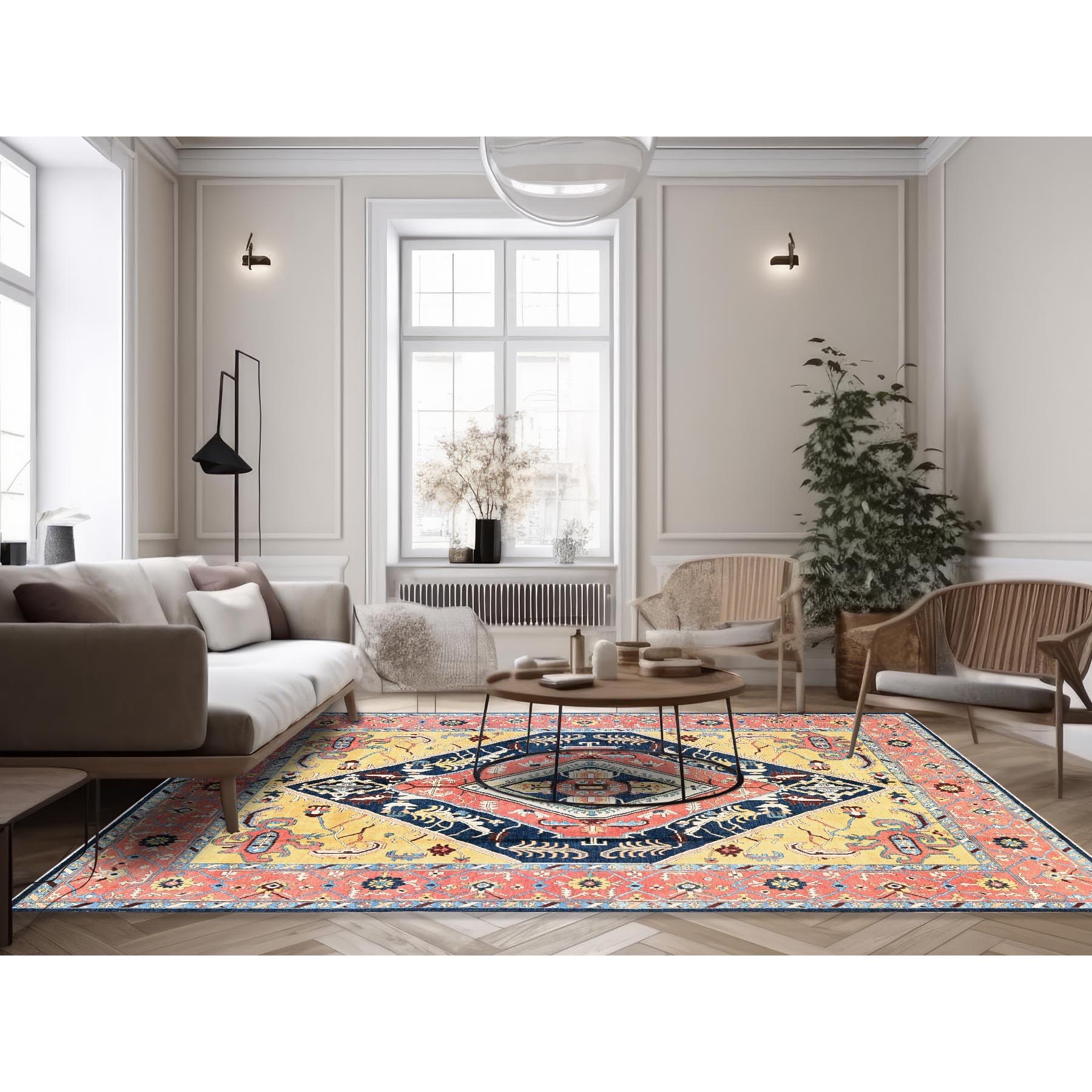9'x11'8" Midnight Blue with Yellow, Afghan Peshawar with Serapi Heriz Design, Dense Weave, Vegetable Dyes, Pure Wool, Hand Knotted, Oriental Rug Sh322