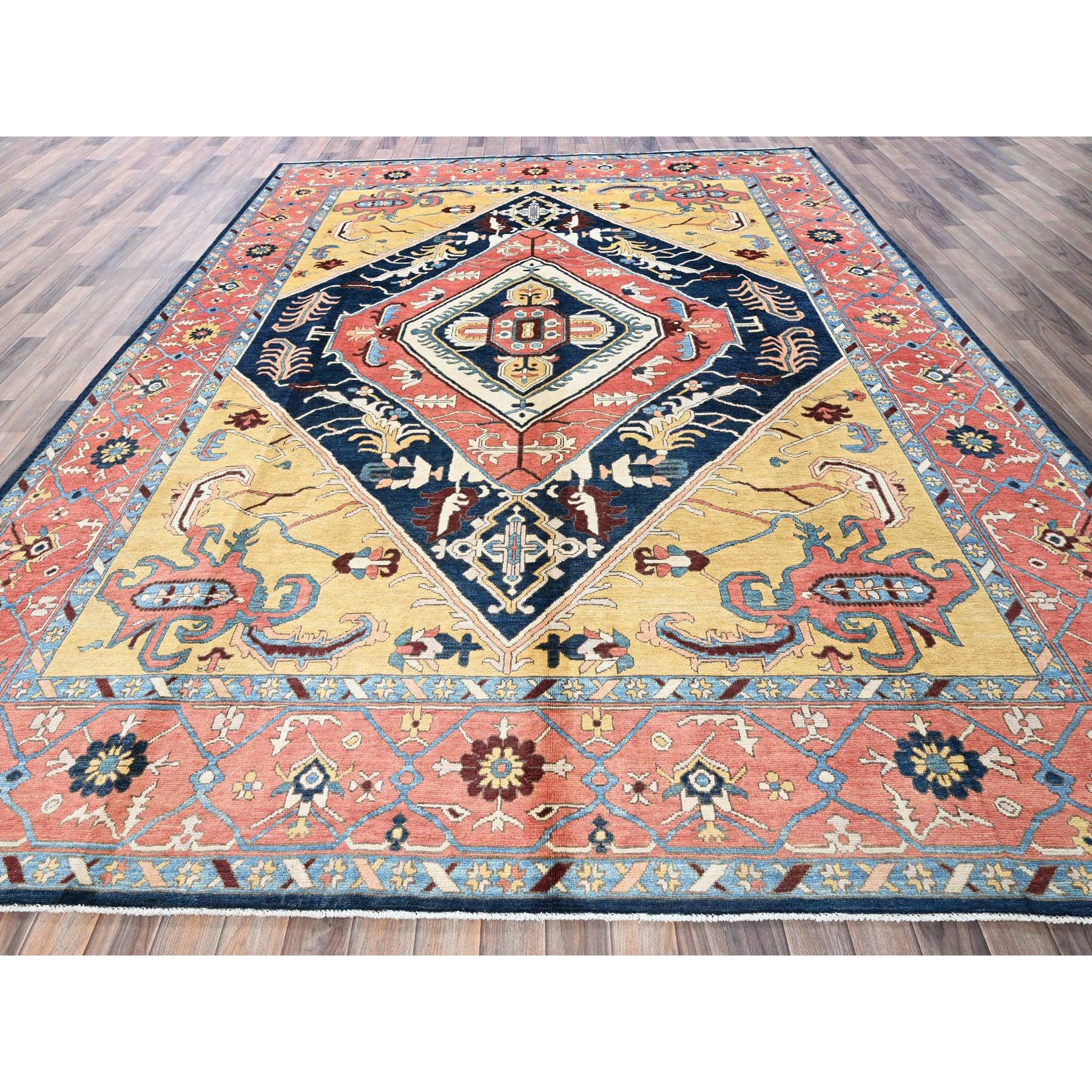 9'x11'8" Midnight Blue with Yellow, Afghan Peshawar with Serapi Heriz Design, Dense Weave, Vegetable Dyes, Pure Wool, Hand Knotted, Oriental Rug Sh322