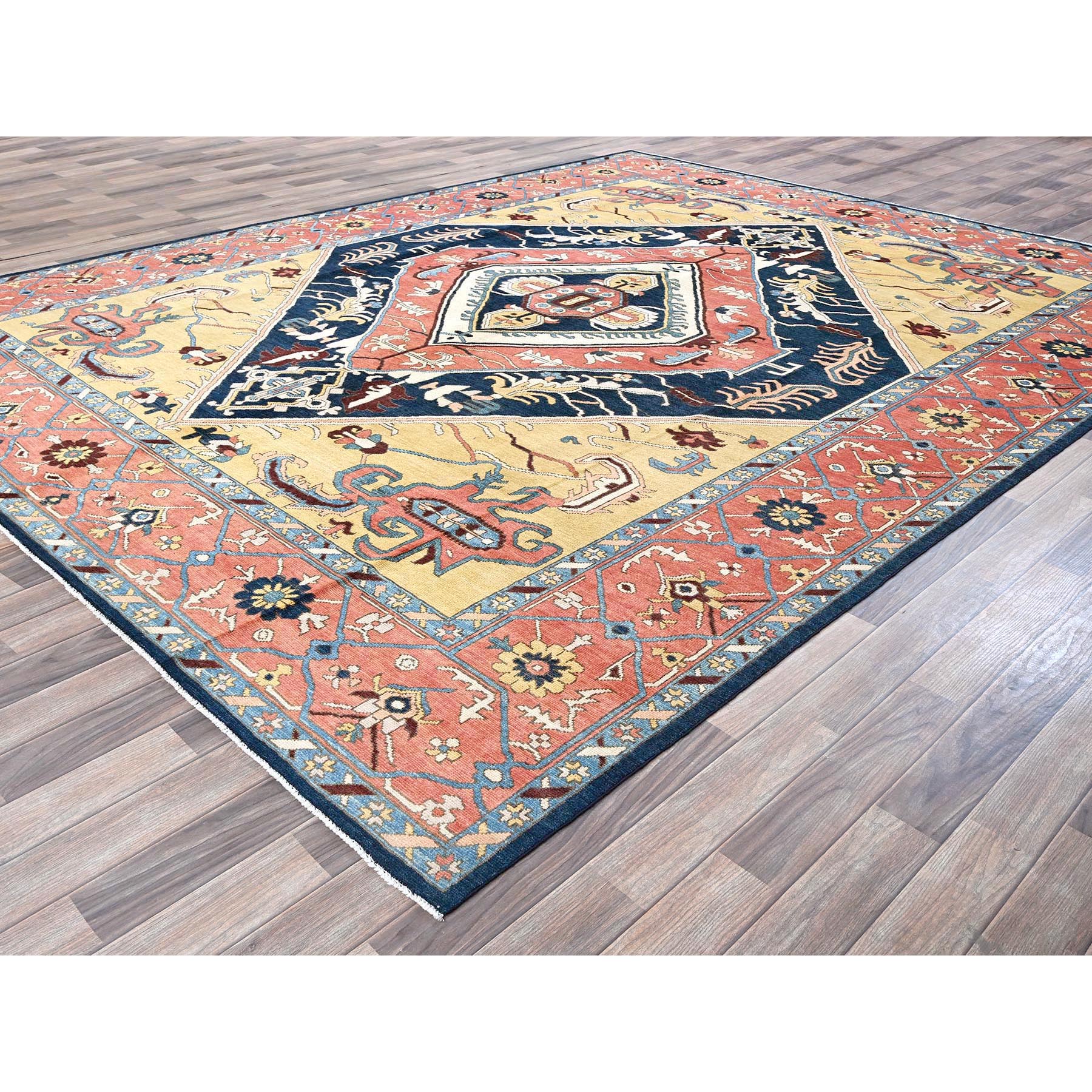 9'x11'8" Midnight Blue with Yellow, Afghan Peshawar with Serapi Heriz Design, Dense Weave, Vegetable Dyes, Pure Wool, Hand Knotted, Oriental Rug Sh322