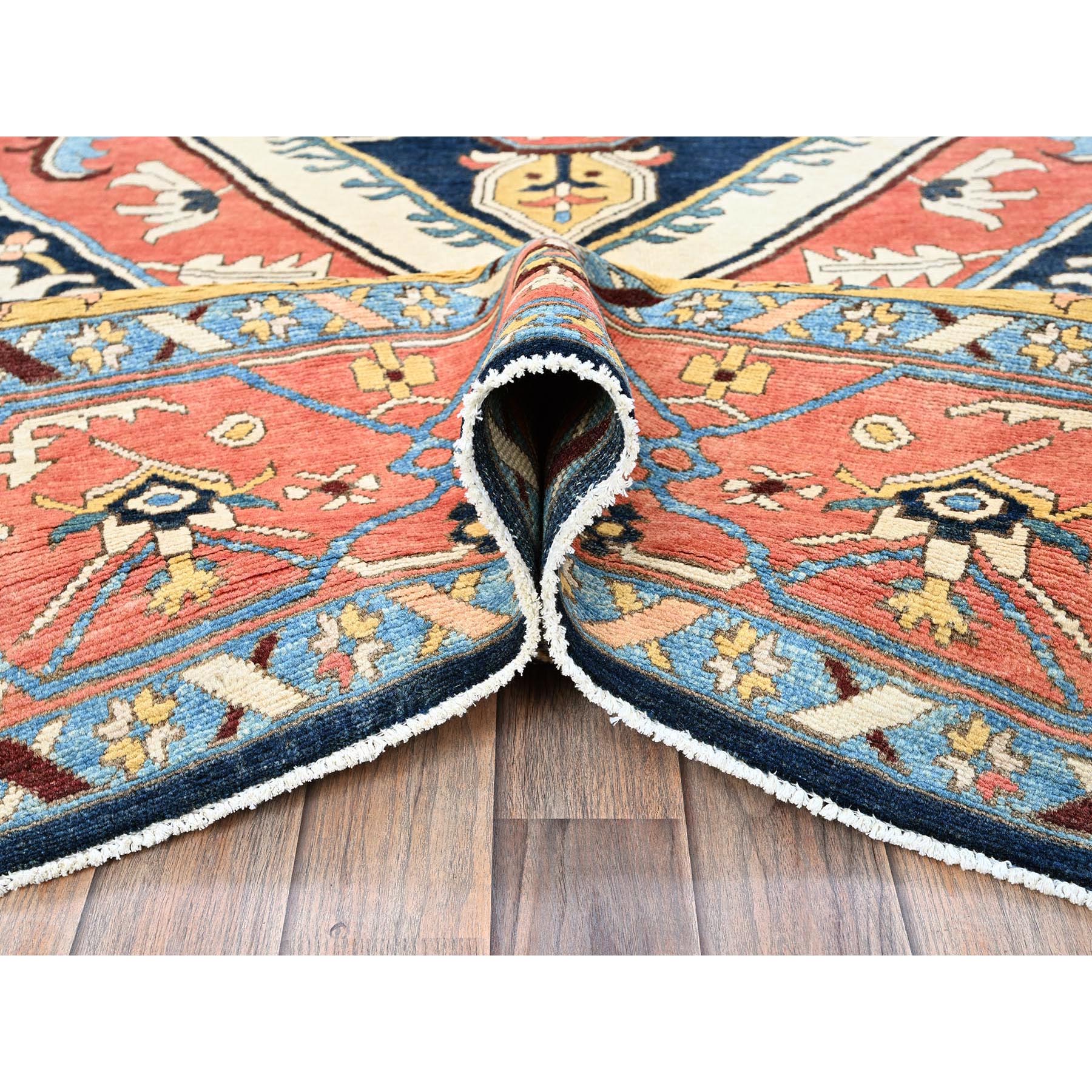 9'x11'8" Midnight Blue with Yellow, Afghan Peshawar with Serapi Heriz Design, Dense Weave, Vegetable Dyes, Pure Wool, Hand Knotted, Oriental Rug Sh322