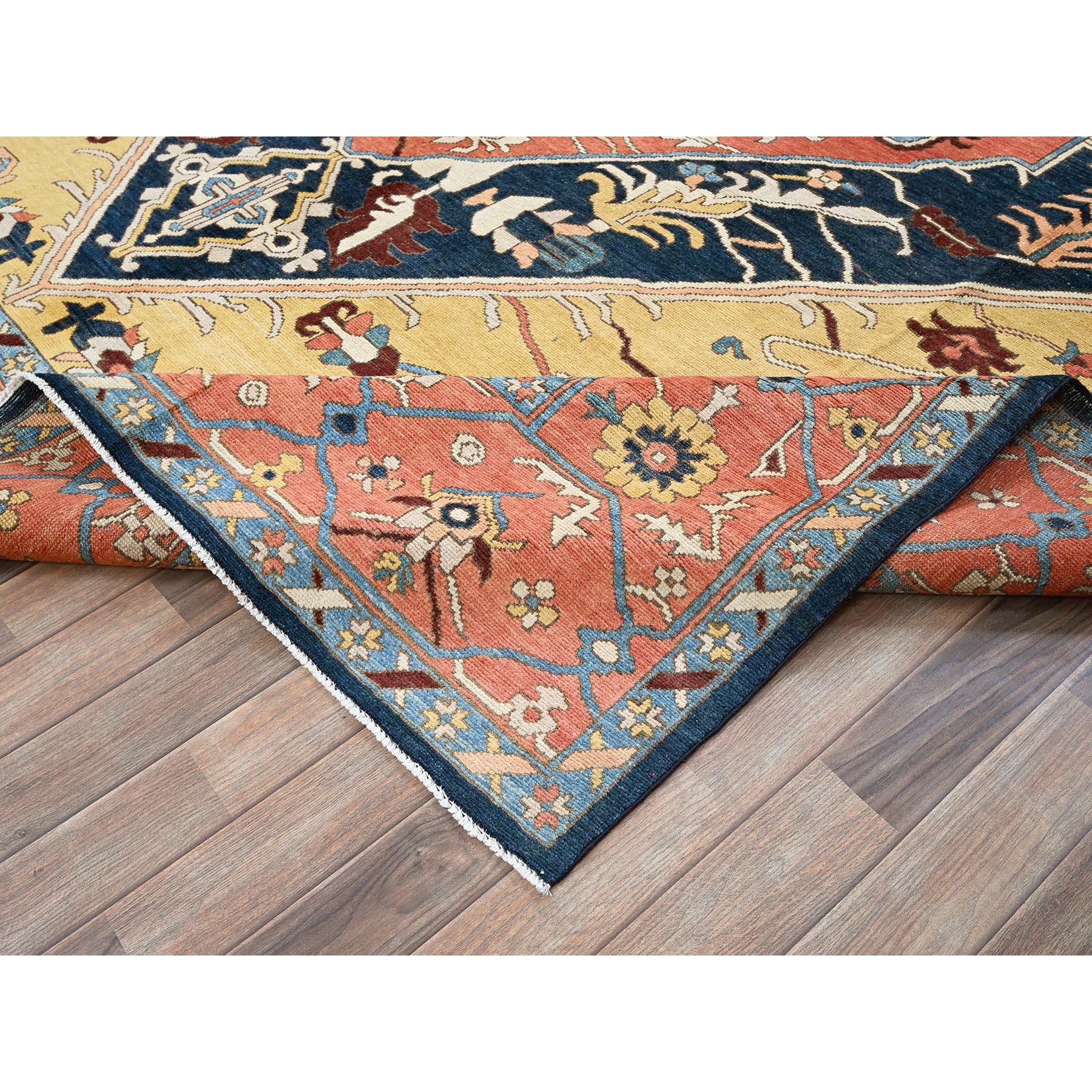 9'x11'8" Midnight Blue with Yellow, Afghan Peshawar with Serapi Heriz Design, Dense Weave, Vegetable Dyes, Pure Wool, Hand Knotted, Oriental Rug Sh322