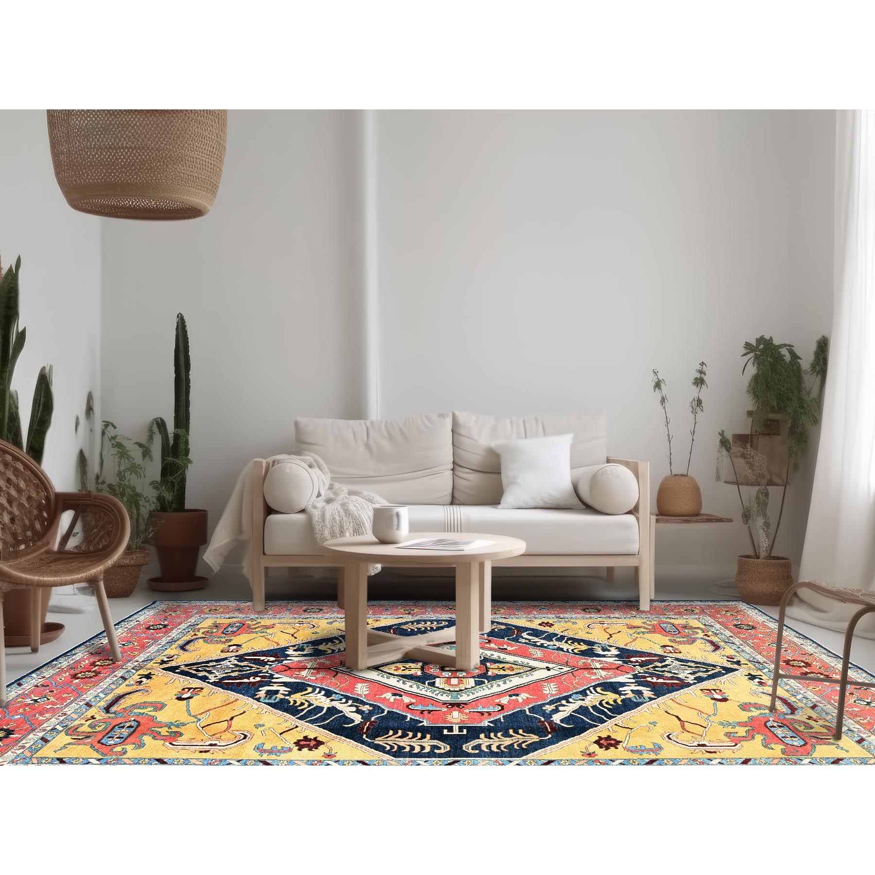10'x13'10" Midnight Blue with Yellow, Afghan Peshawar with Serapi Heriz Design, Densely Woven, Vegetable Dyes, Hand Knotted, Pure Wool, Oriental Rug Sh323