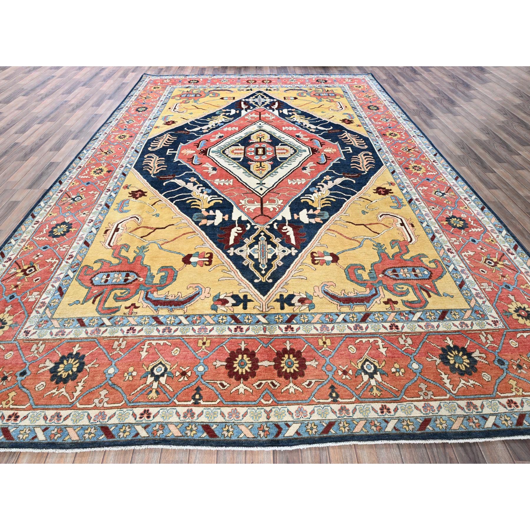 10'x13'10" Midnight Blue with Yellow, Afghan Peshawar with Serapi Heriz Design, Densely Woven, Vegetable Dyes, Hand Knotted, Pure Wool, Oriental Rug Sh323