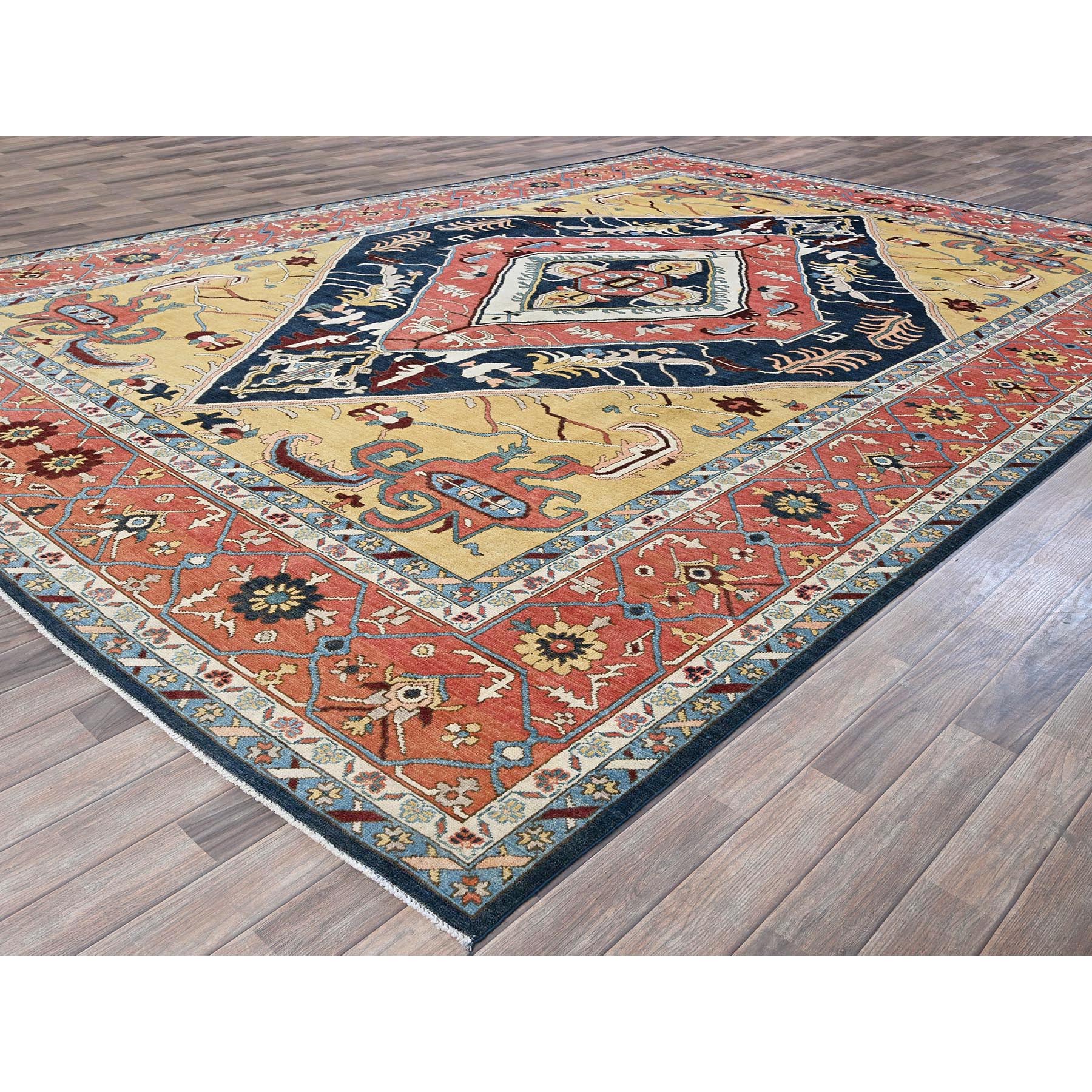10'x13'10" Midnight Blue with Yellow, Afghan Peshawar with Serapi Heriz Design, Densely Woven, Vegetable Dyes, Hand Knotted, Pure Wool, Oriental Rug Sh323