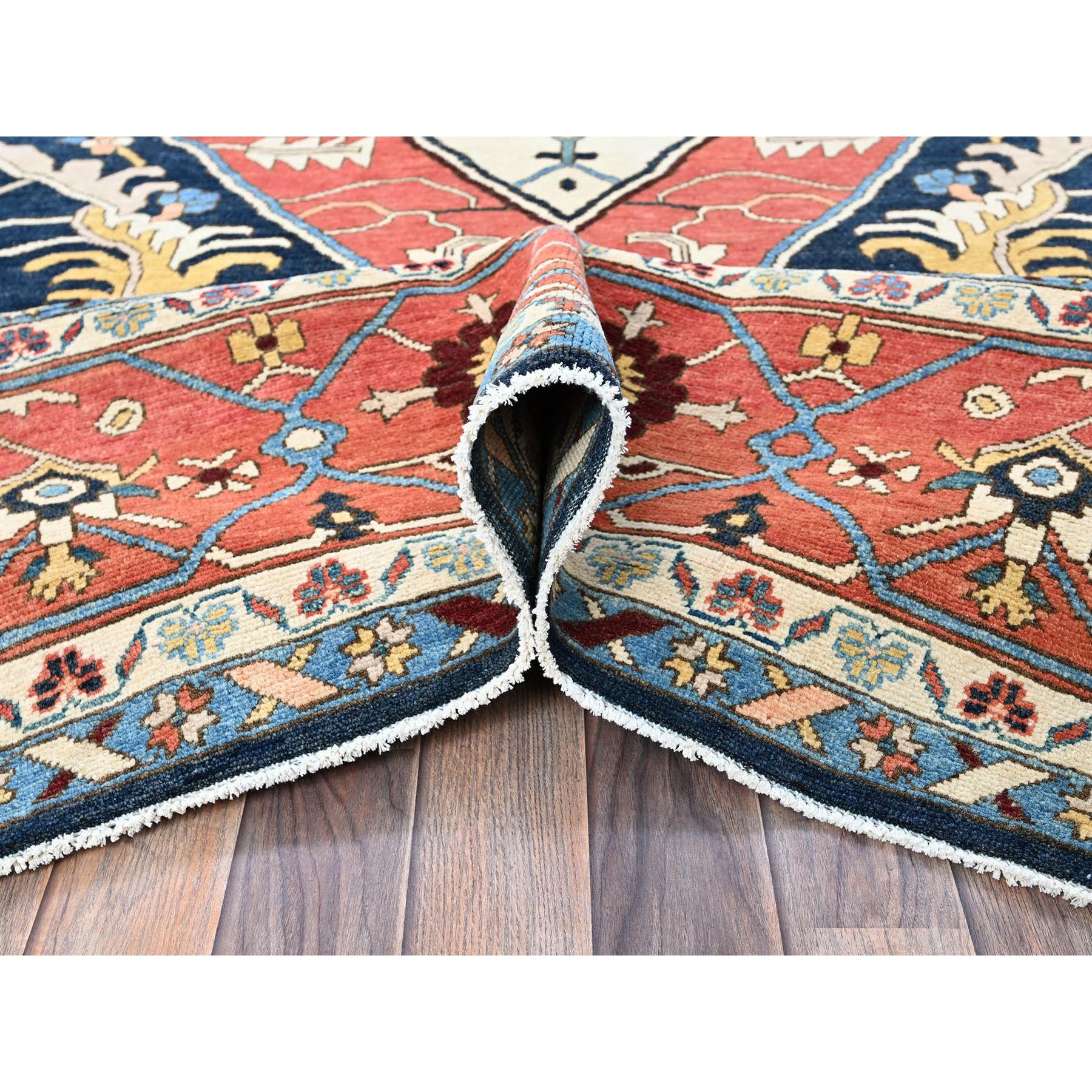 10'x13'10" Midnight Blue with Yellow, Afghan Peshawar with Serapi Heriz Design, Densely Woven, Vegetable Dyes, Hand Knotted, Pure Wool, Oriental Rug Sh323