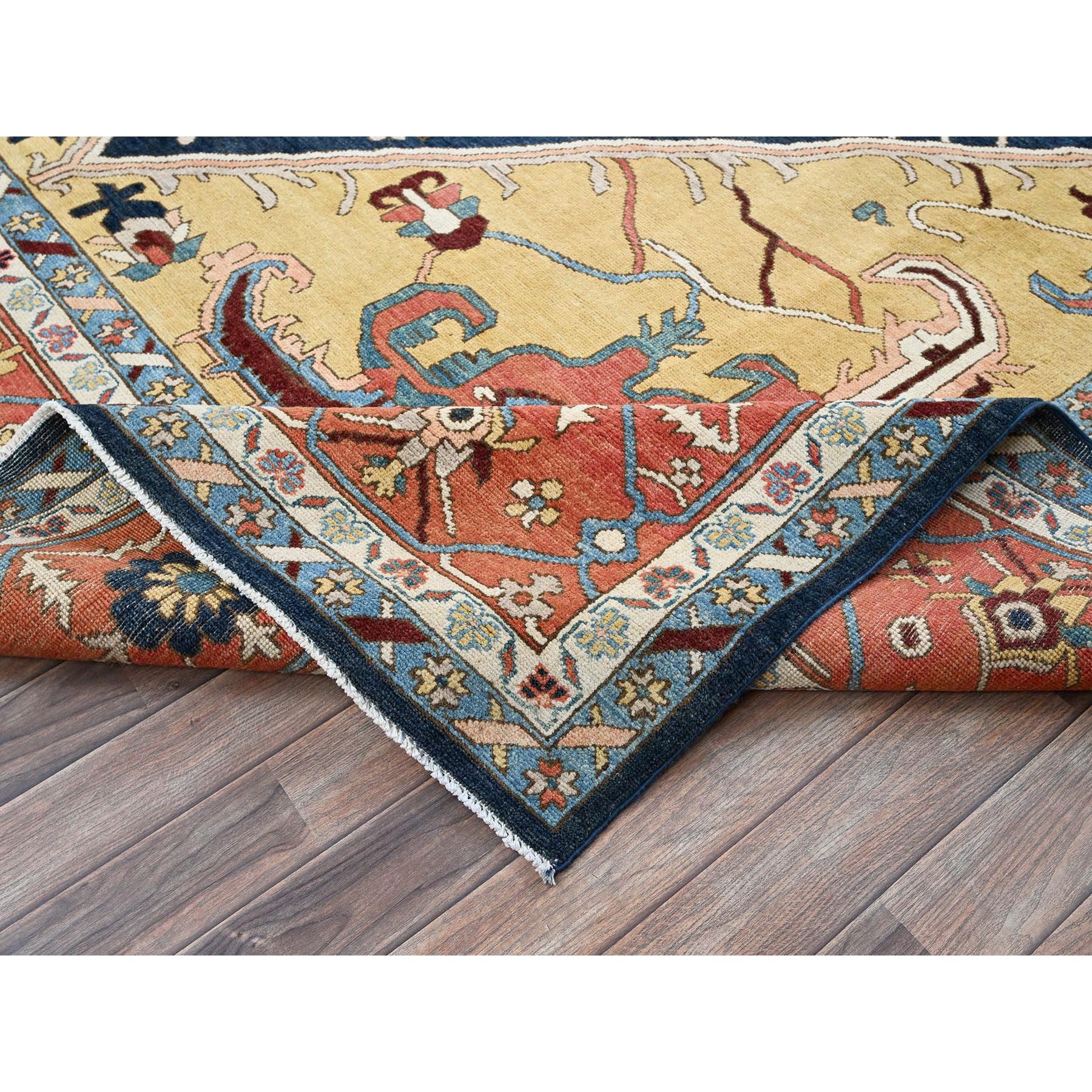 10'x13'10" Midnight Blue with Yellow, Afghan Peshawar with Serapi Heriz Design, Densely Woven, Vegetable Dyes, Hand Knotted, Pure Wool, Oriental Rug Sh323