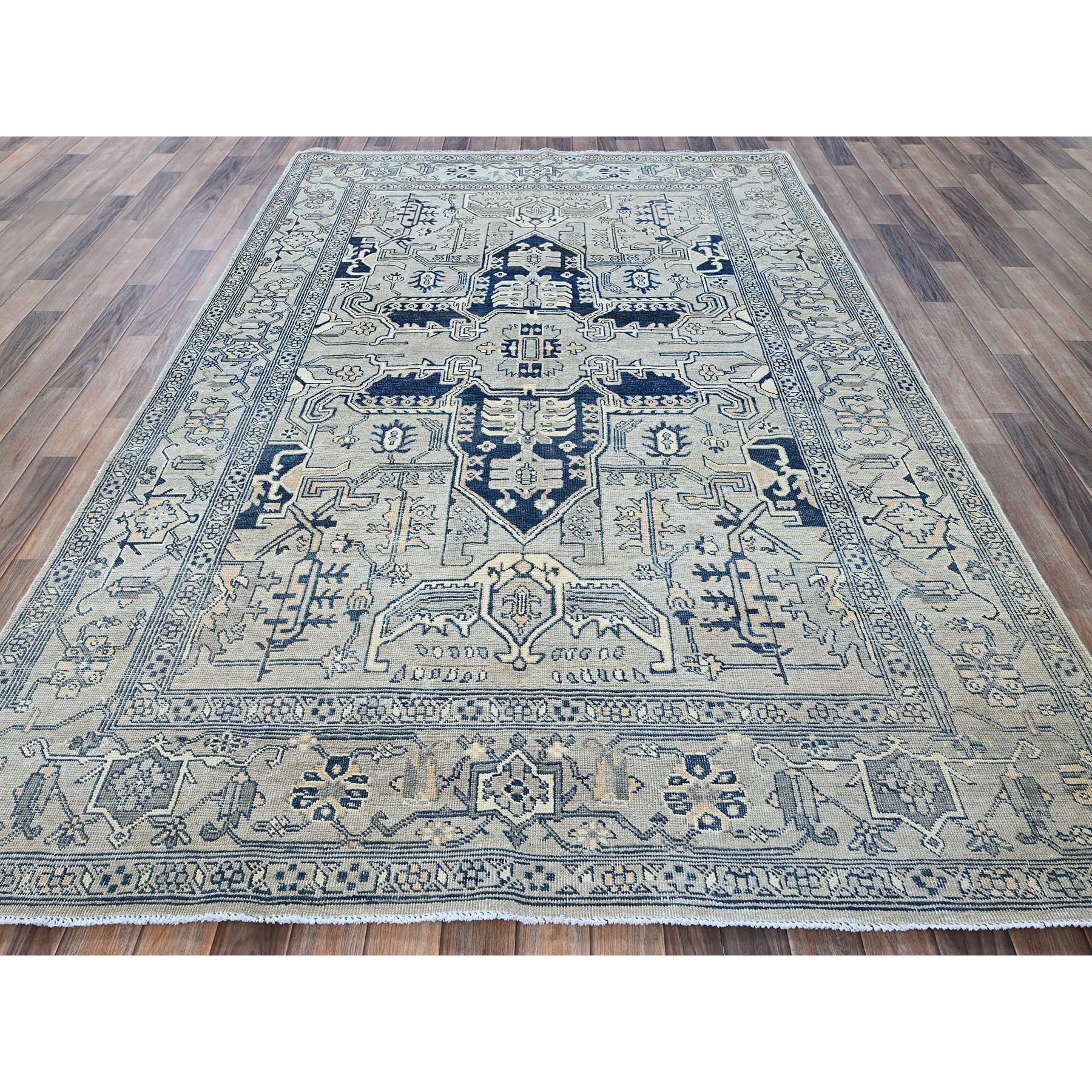 6'x9' Cloud Gray, Peshawar with Serapi Heriz Medallion Design, 100% Wool, Hand Knotted, Densely Woven, Oriental Rug Sh324