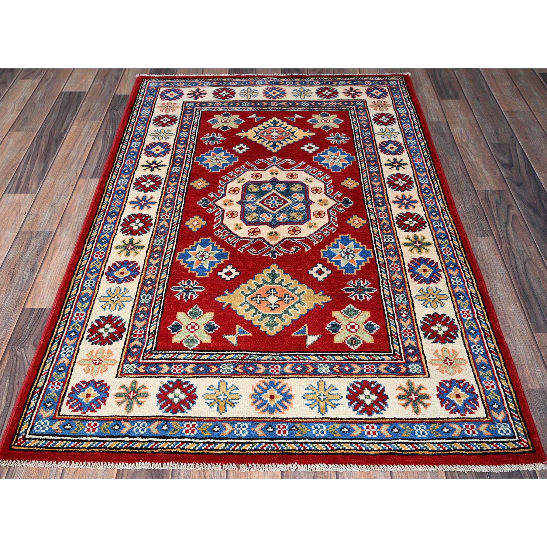 3'3"x4'10" Crimson Red, Kazak with Geometric Medallions Design, Vegetable Dyes, Hand Knotted, Denser Weave, Pure Wool, Oriental Rug Sh349