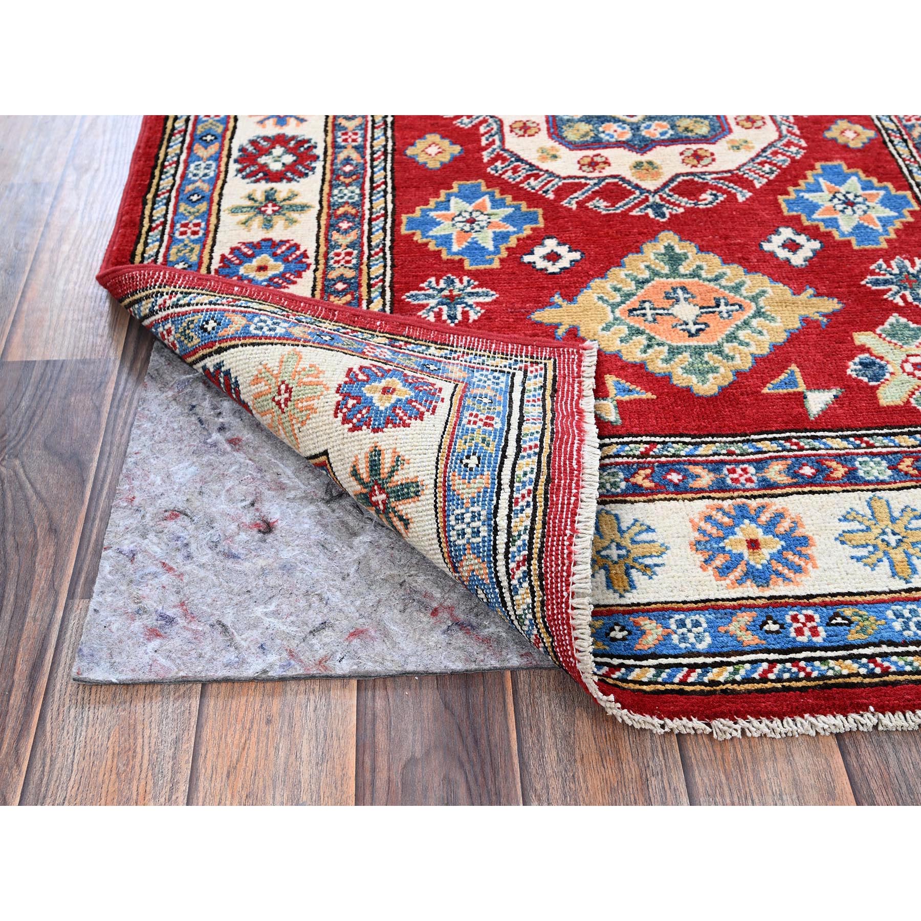 3'3"x4'10" Crimson Red, Kazak with Geometric Medallions Design, Vegetable Dyes, Hand Knotted, Denser Weave, Pure Wool, Oriental Rug Sh349