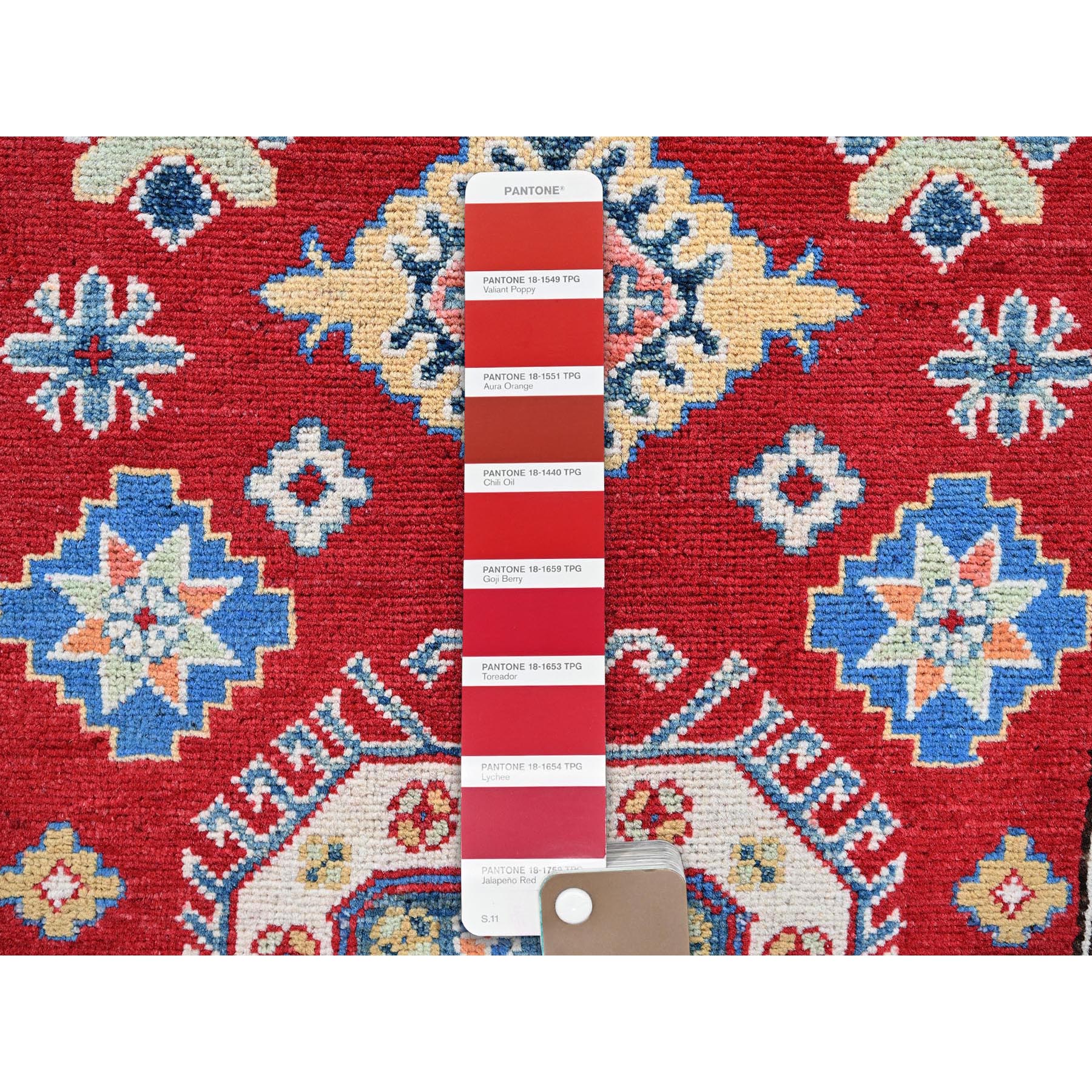 3'3"x4'10" Crimson Red, Kazak with Geometric Medallions Design, Vegetable Dyes, Hand Knotted, Denser Weave, Pure Wool, Oriental Rug Sh349