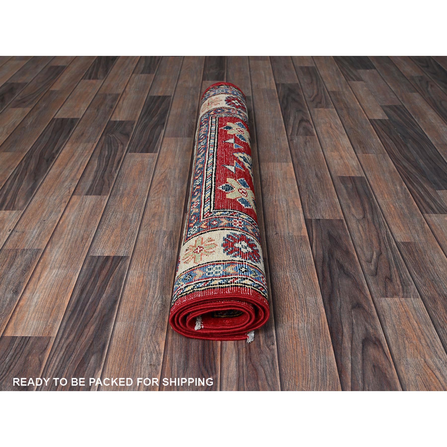 3'3"x4'10" Crimson Red, Kazak with Geometric Medallions Design, Vegetable Dyes, Hand Knotted, Denser Weave, Pure Wool, Oriental Rug Sh349